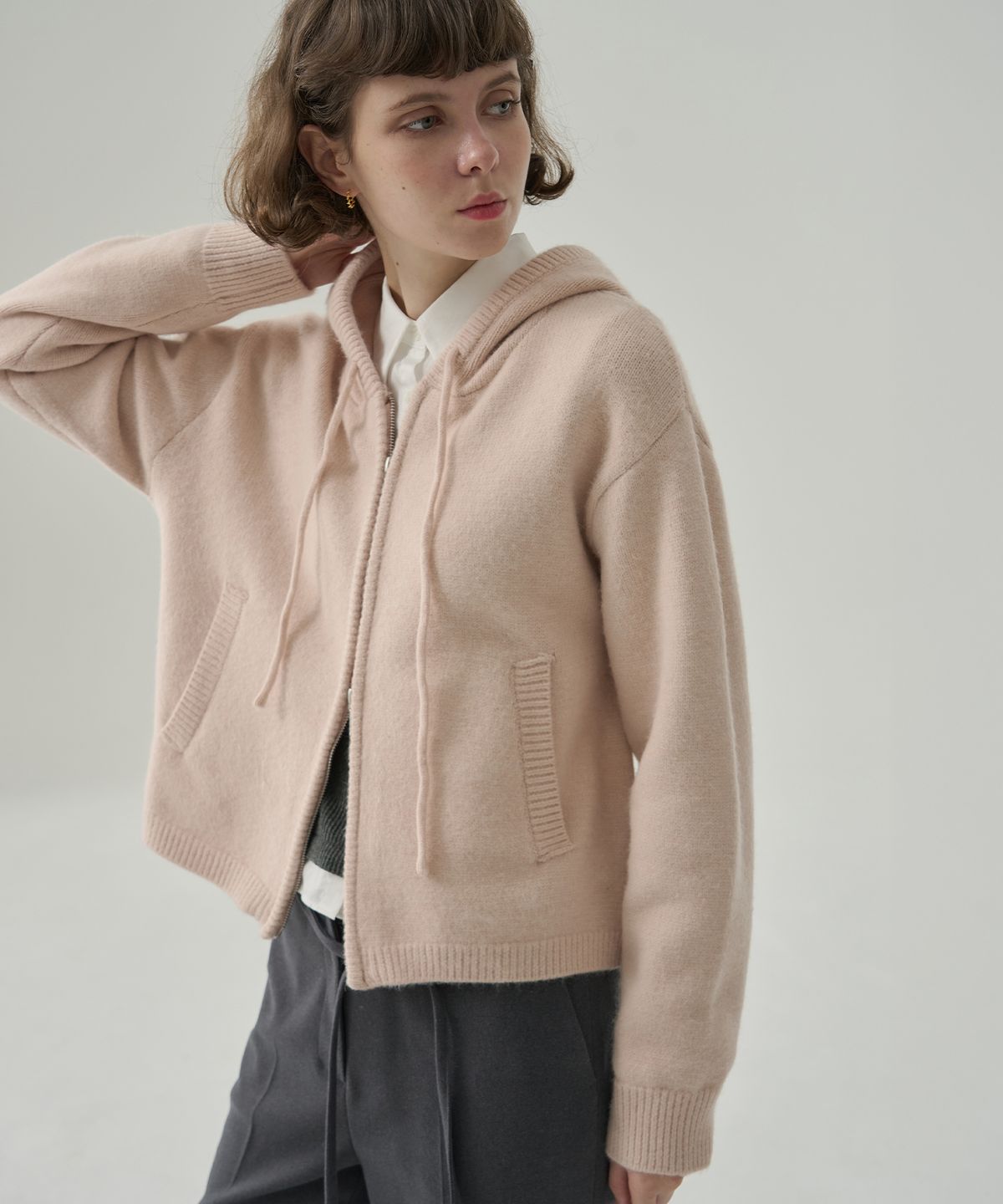 드로우핏 우먼(DRAWFIT WOMEN) 로티 투웨이 니트 후드 집업 [MILK PINK]