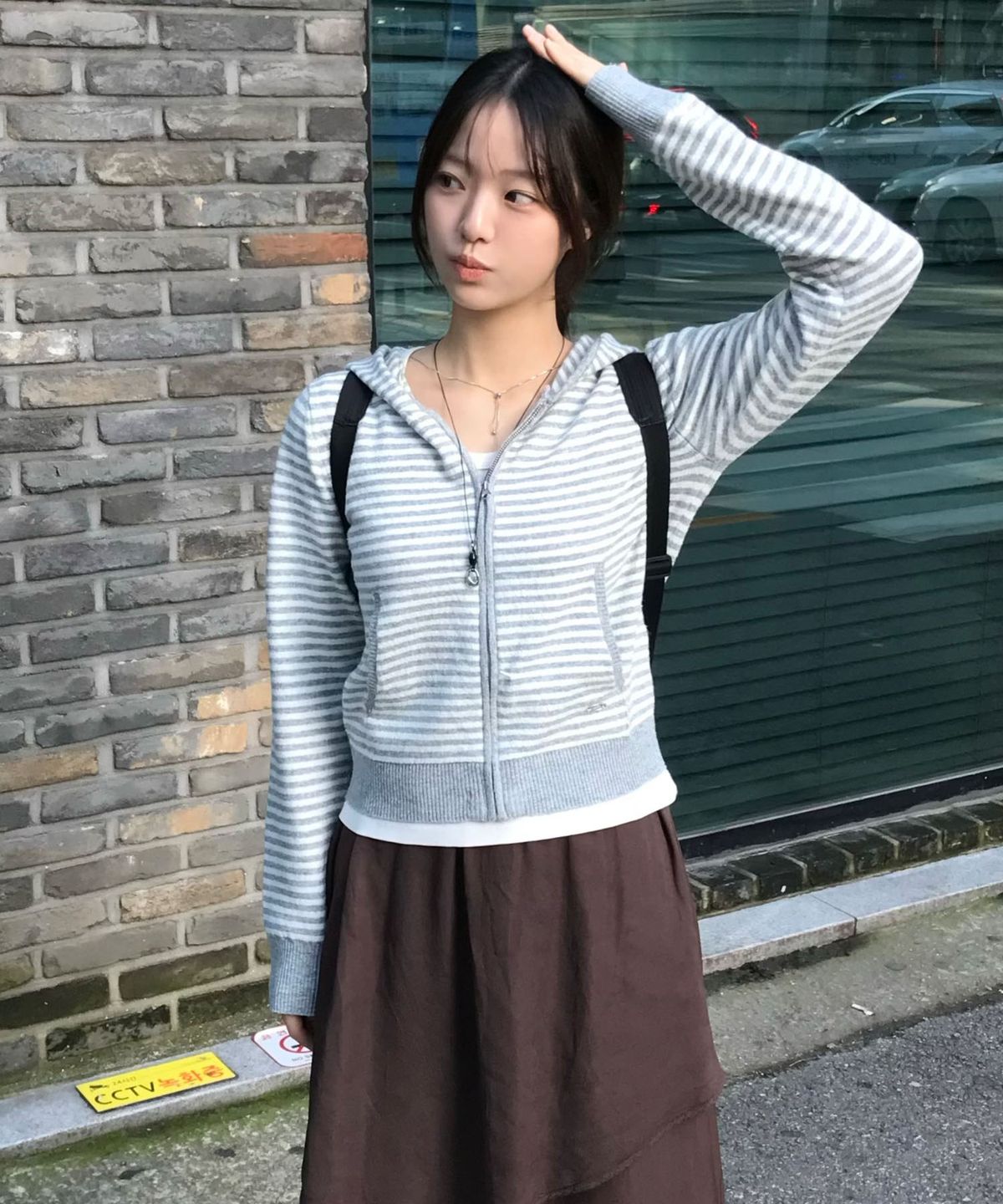 코드그라피(CGP) (우먼) 스트라이프 니트 집업_멜란지그레이