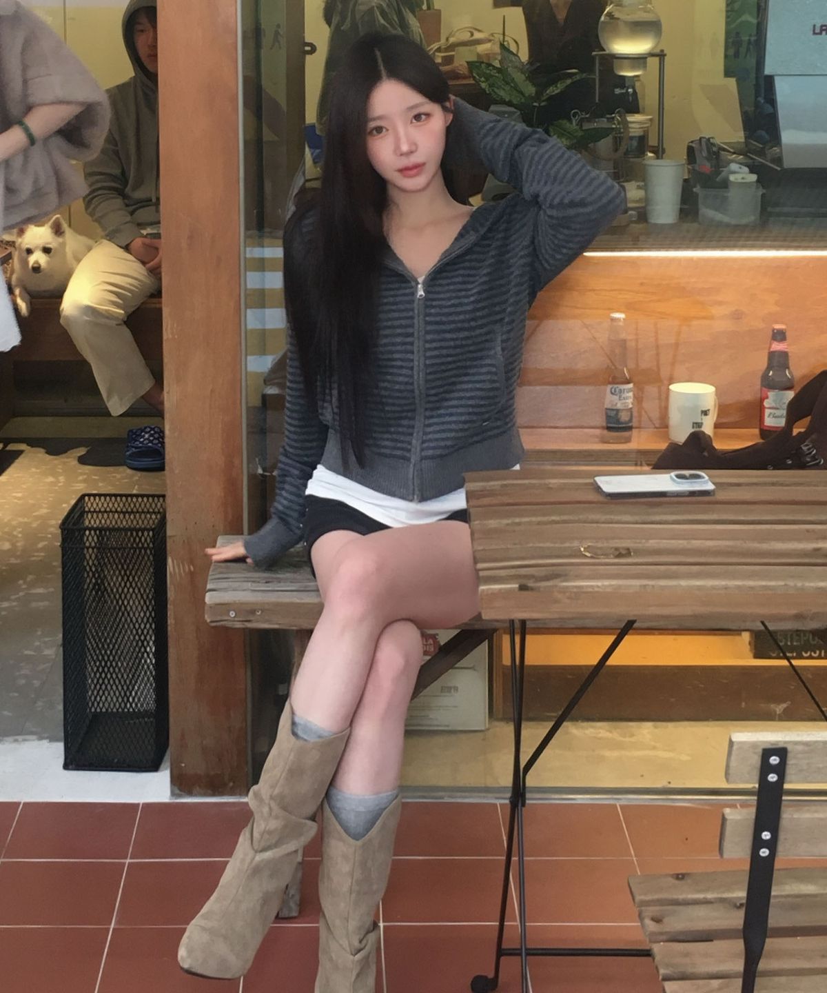 코드그라피(CGP) (우먼) 스트라이프 니트 집업_차콜