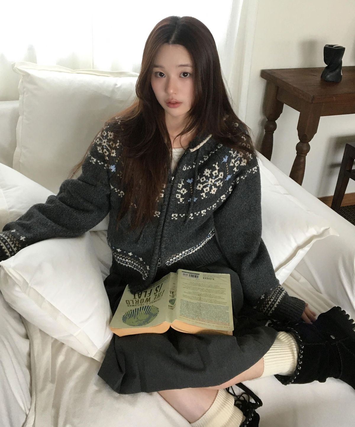 코드그라피(CGP) (우먼) 노르딕 패턴 후드 니트 집업_차콜