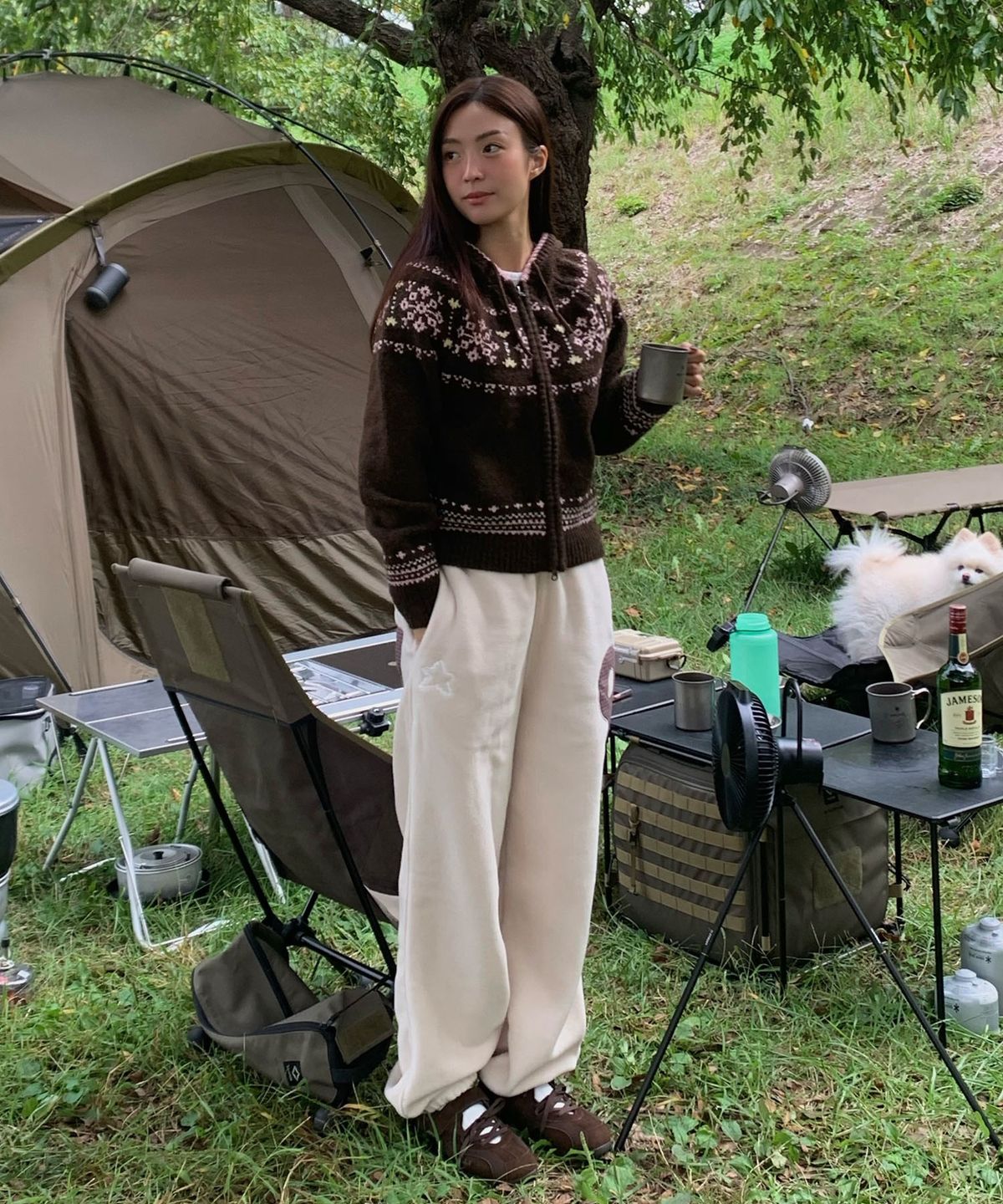 코드그라피(CGP) (우먼) 노르딕 패턴 후드 니트 집업_브라운