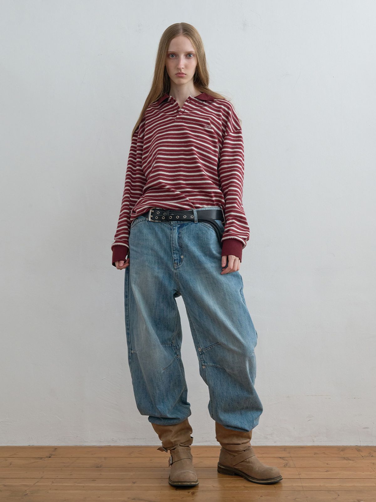 기준(KIJUN) Striped Polo Shirt Burgundy