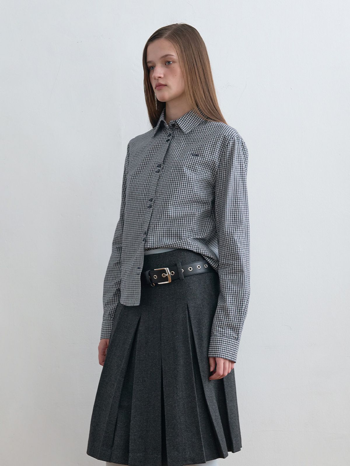 기준(KIJUN) Twin Button Check Shirt Navy