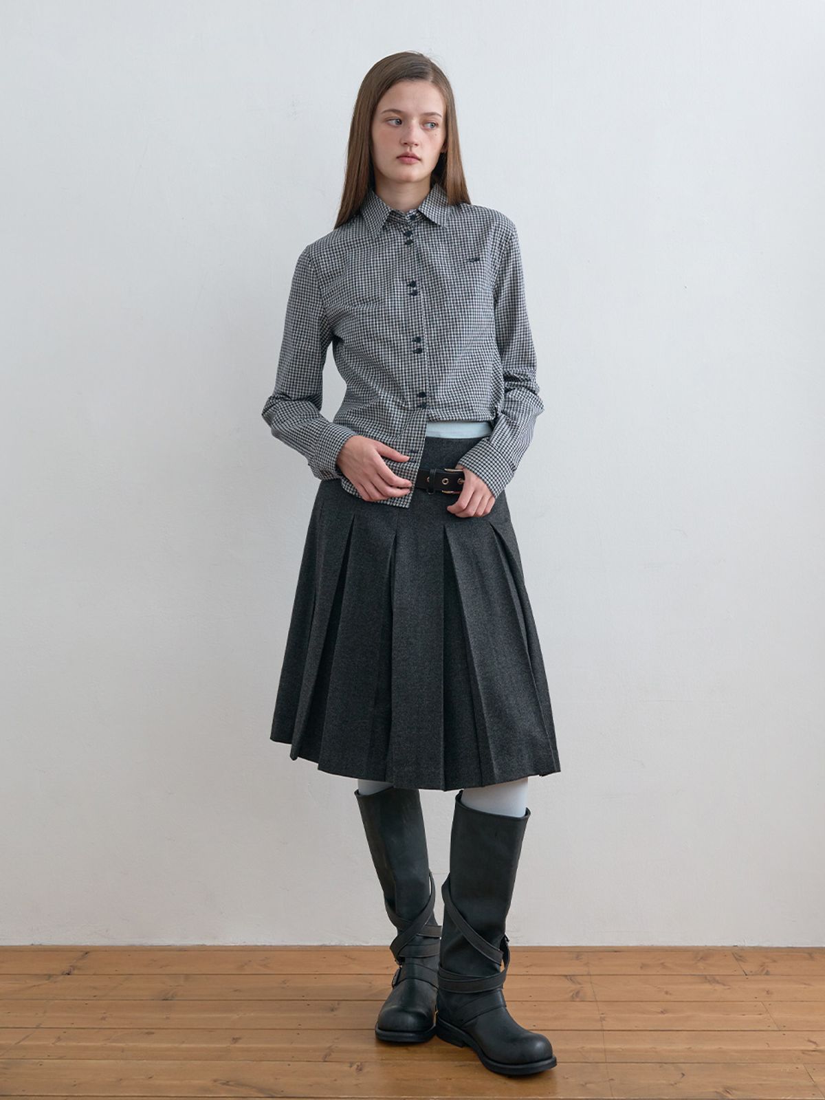 기준(KIJUN) Twin Button Check Shirt Navy
