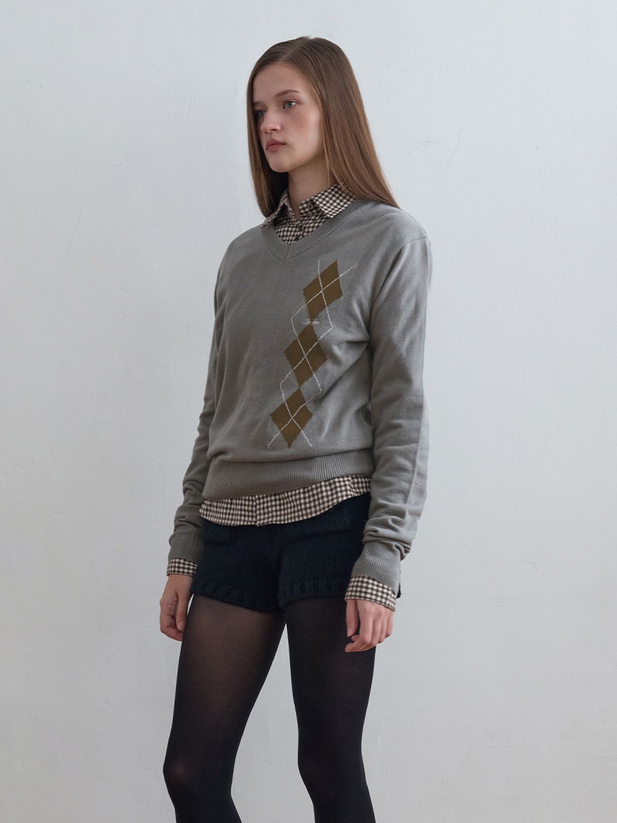 기준(KIJUN) Argyle V-Neck Knit Melange Grey