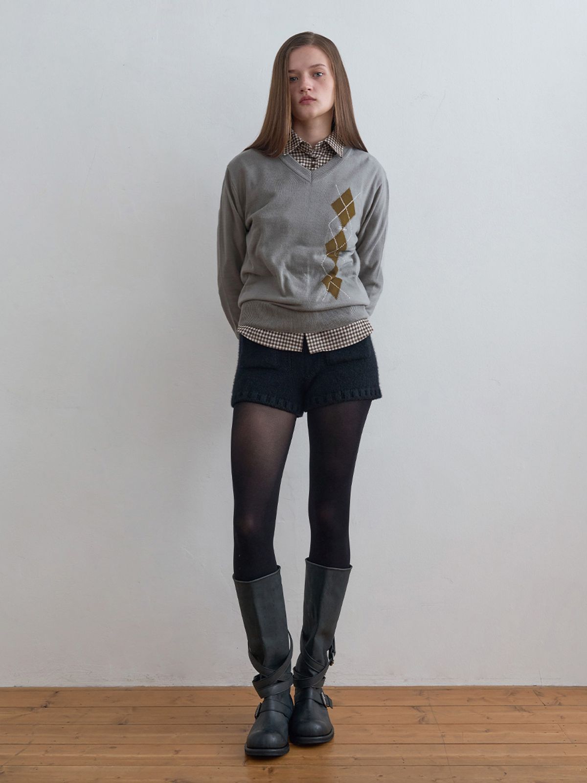 기준(KIJUN) Argyle V-Neck Knit Melange Grey