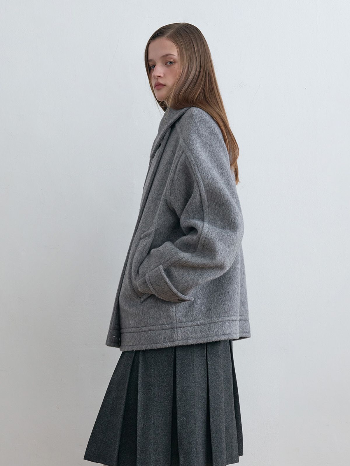 기준(KIJUN) Wool High Neck Half Coat Melange Grey