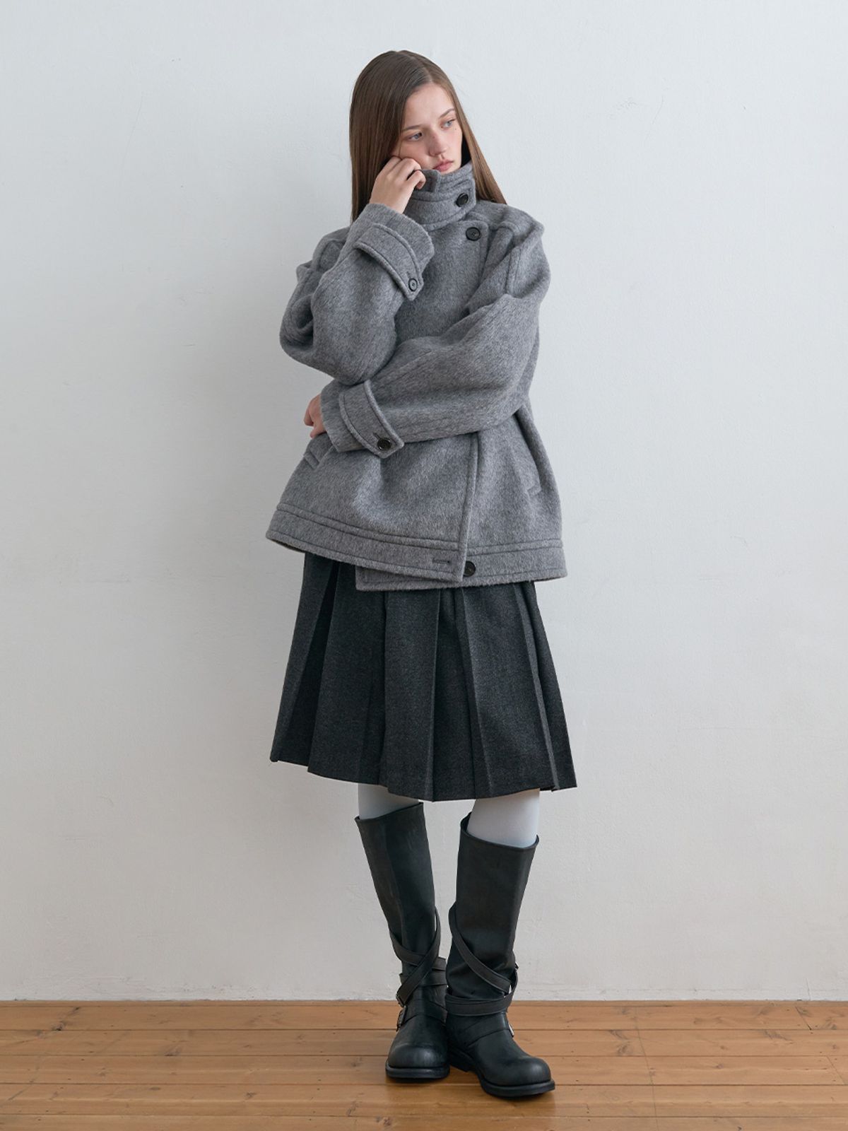 기준(KIJUN) Wool High Neck Half Coat Melange Grey