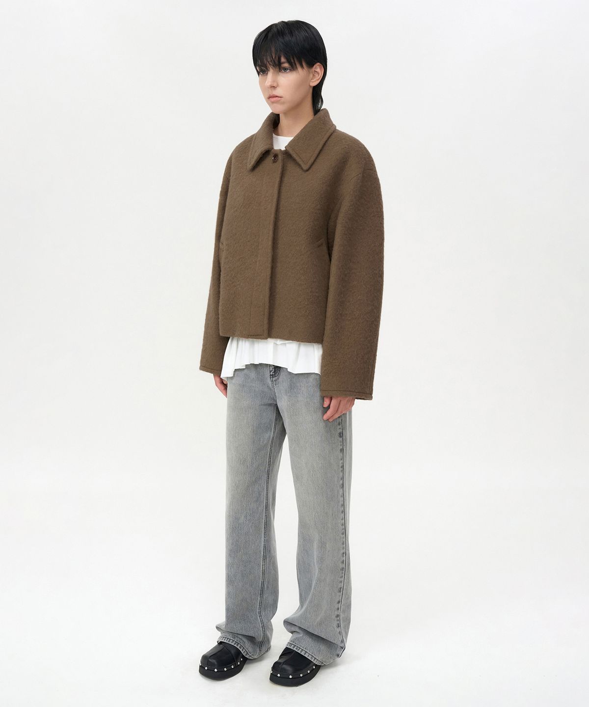 인사일런스 우먼(INSILENCE WOMEN) 헤어리 알파카 하프 코트 CAMEL