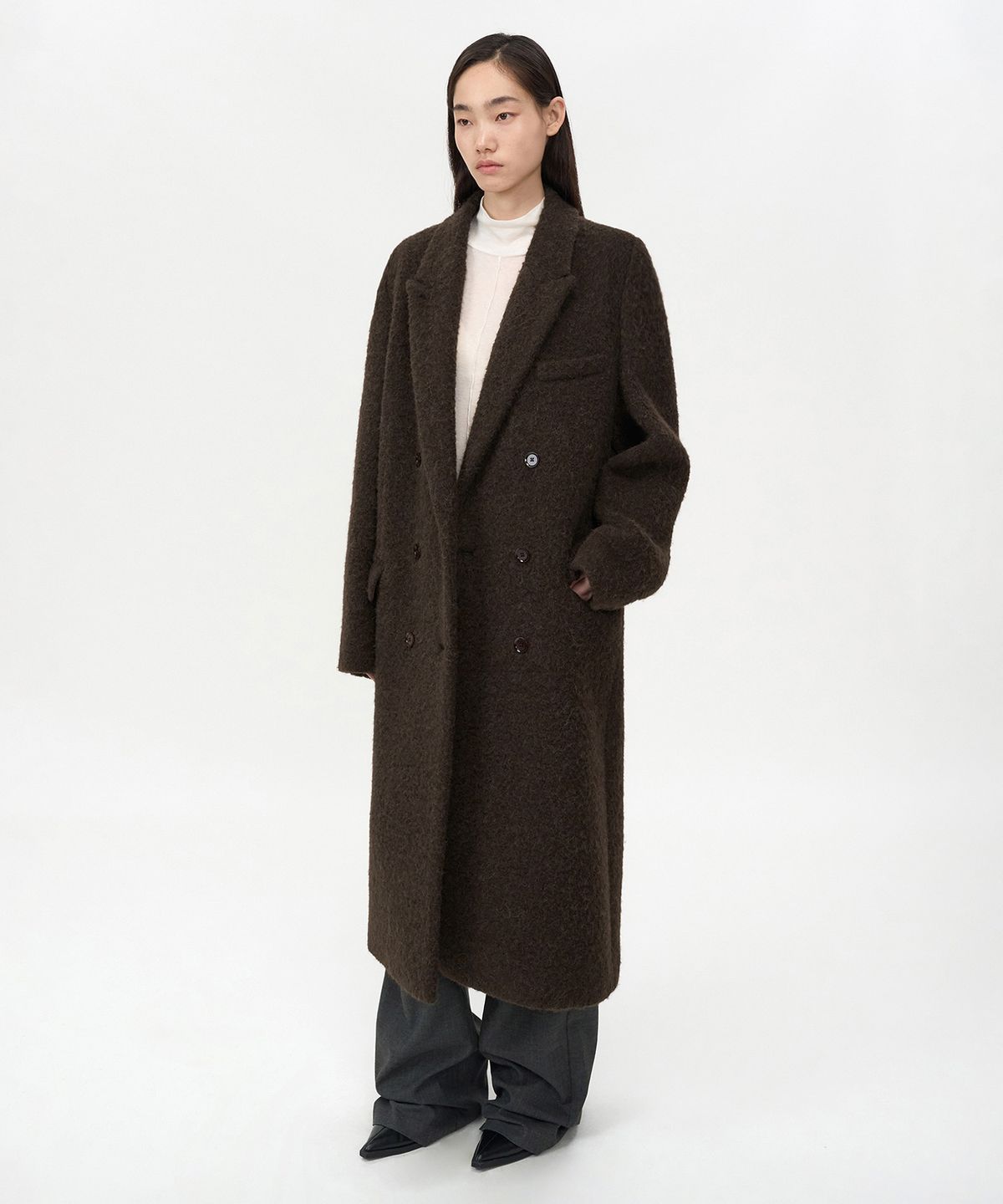 인사일런스 우먼(INSILENCE WOMEN) 부클 알파카 헤어 더블 코트 BROWN