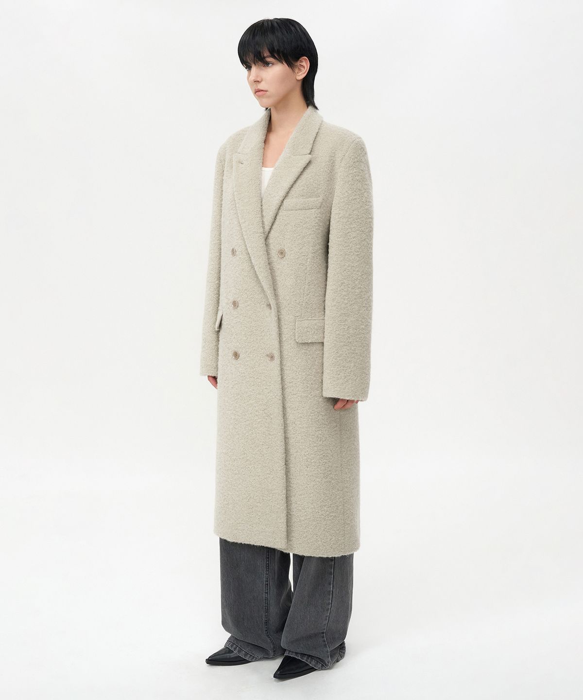 인사일런스 우먼(INSILENCE WOMEN) 부클 알파카 헤어 더블 코트 ASH BEIGE
