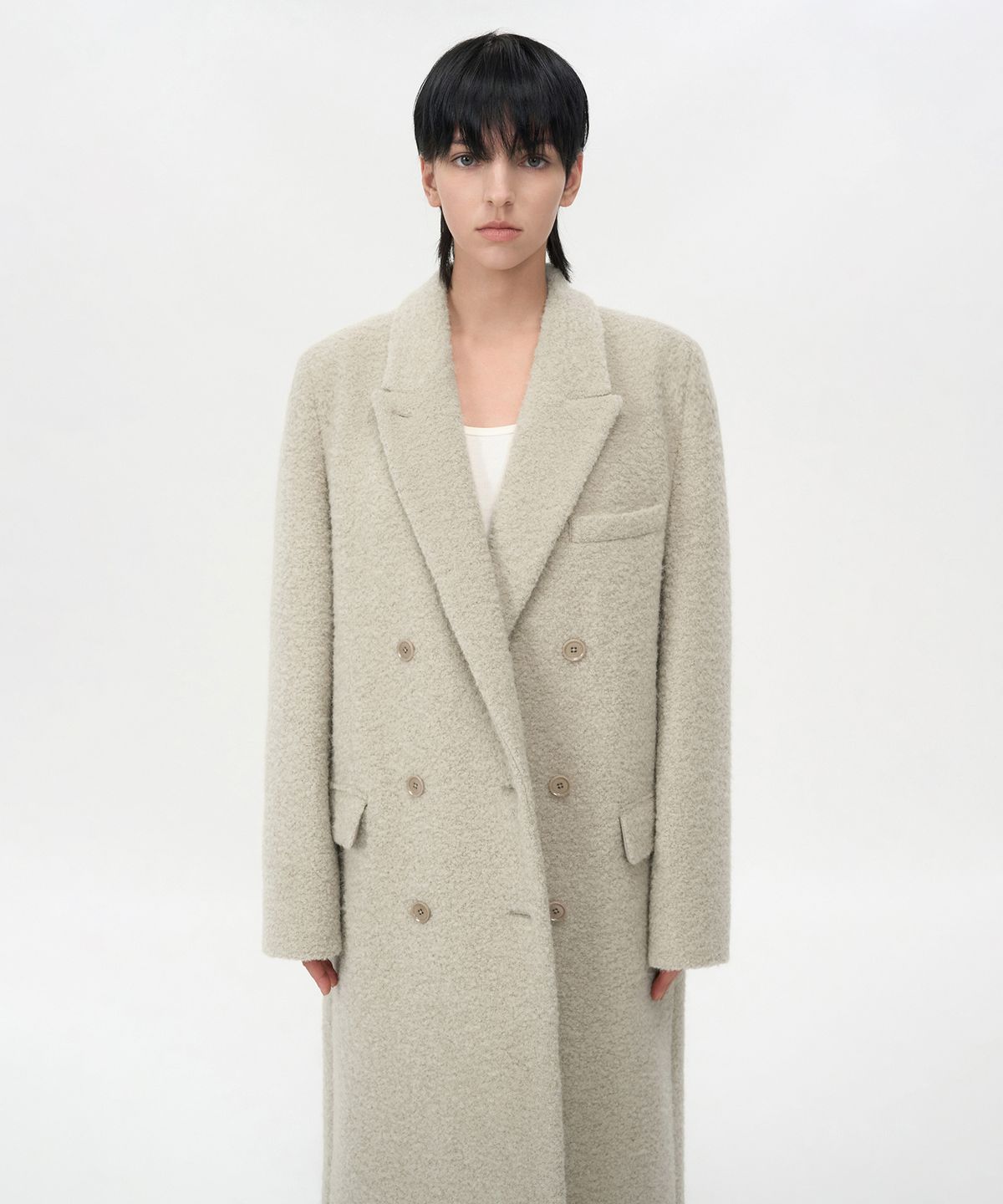 인사일런스 우먼(INSILENCE WOMEN) 부클 알파카 헤어 더블 코트 ASH BEIGE