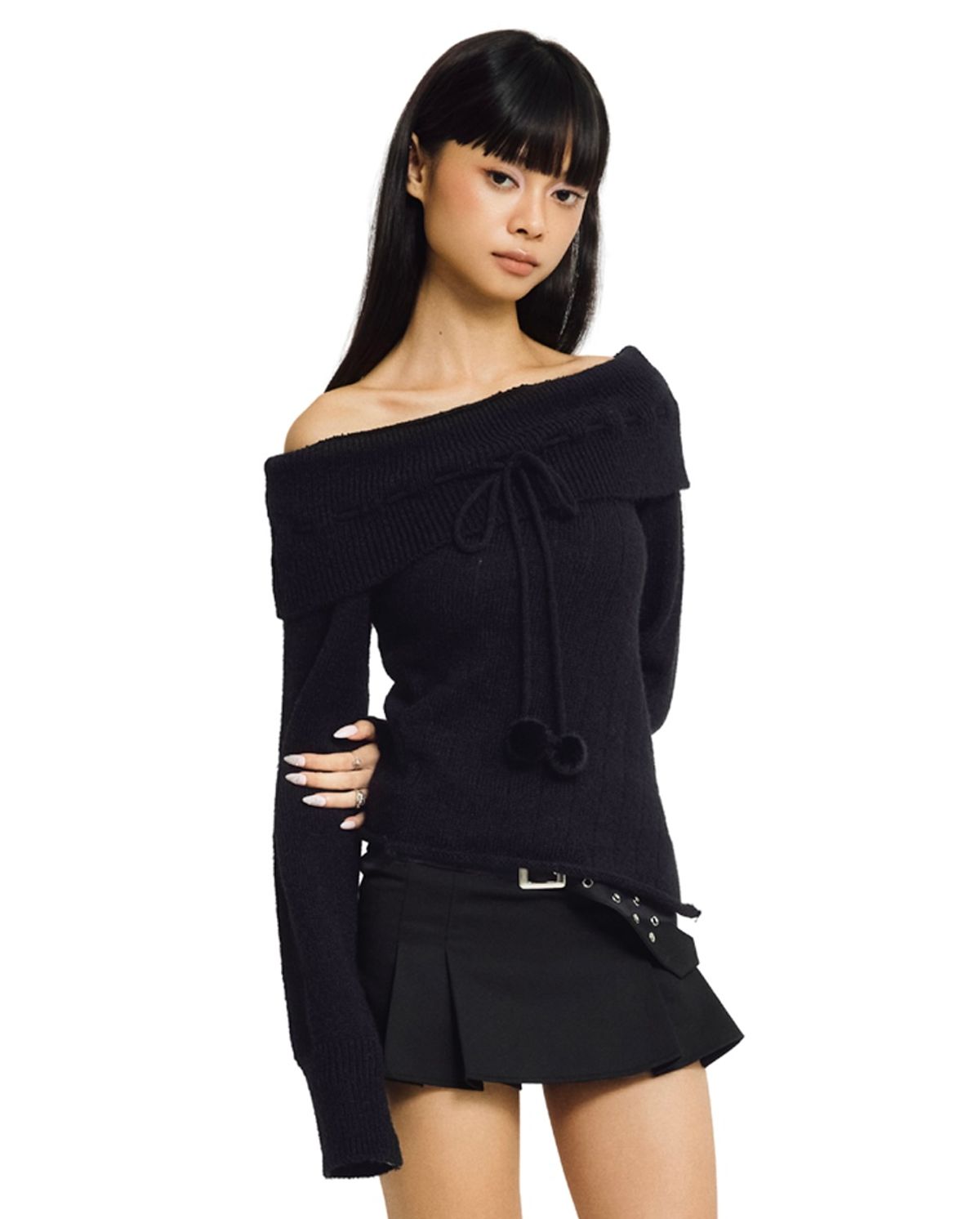 포어링(FORUSRING) Cotton candy off-shoulder knit (black)