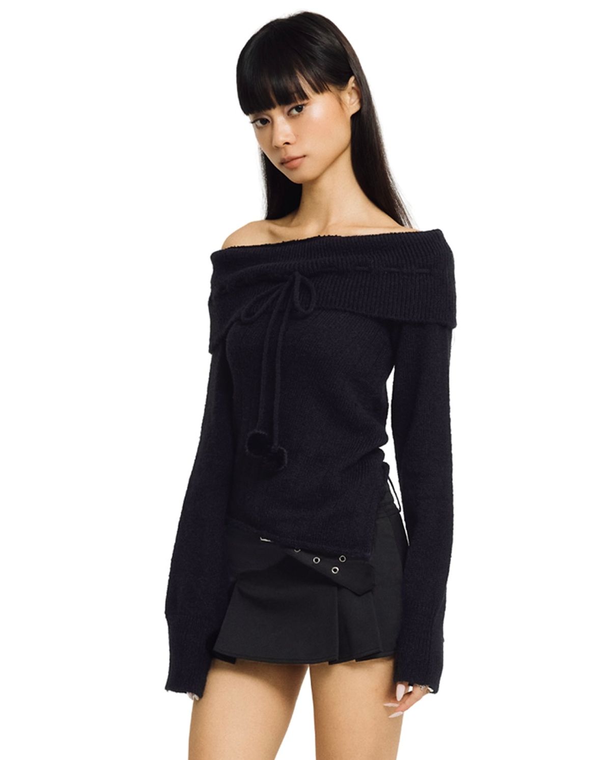 포어링(FORUSRING) Cotton candy off-shoulder knit (black)