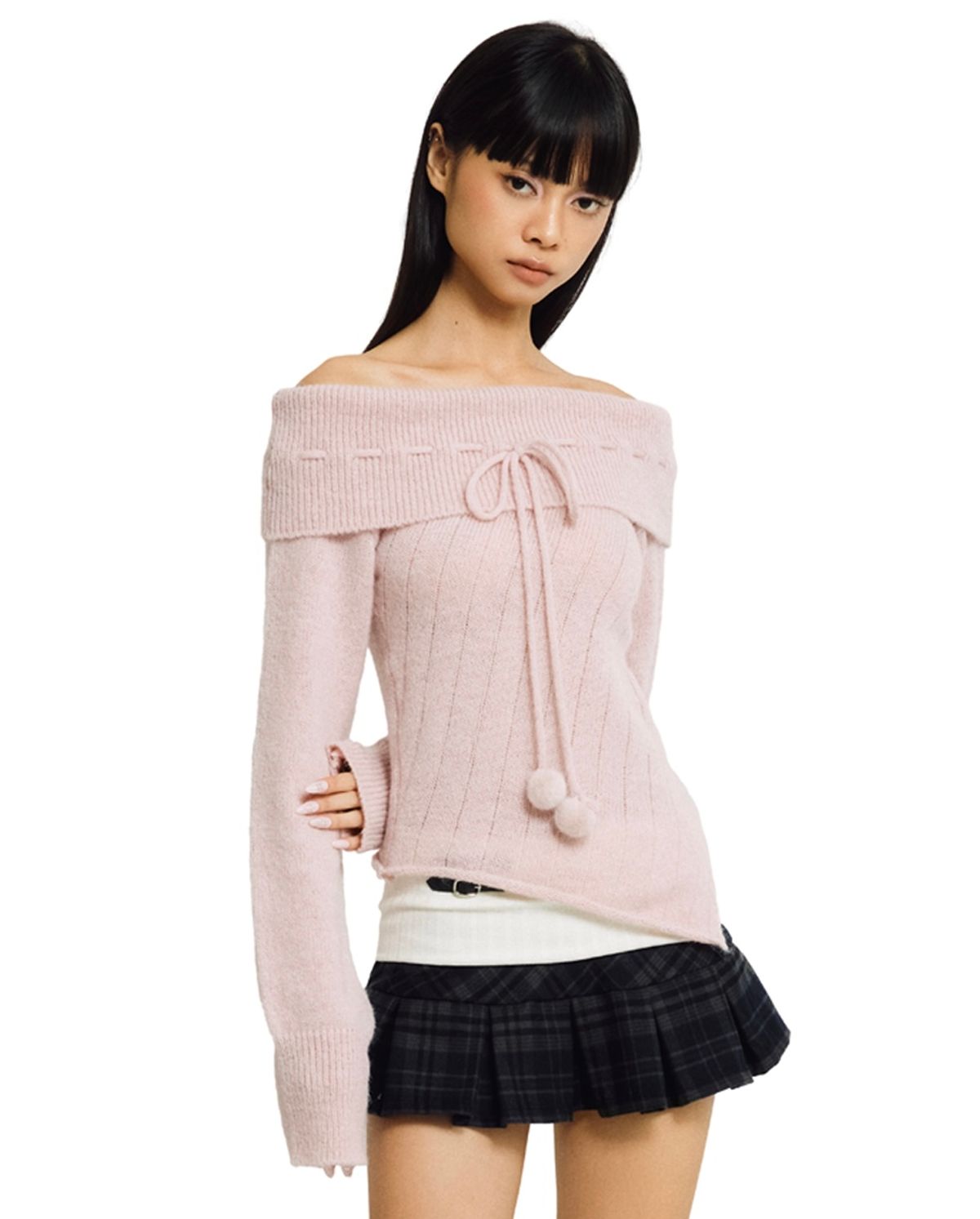 포어링(FORUSRING) Cotton candy off-shoulder knit (pink)