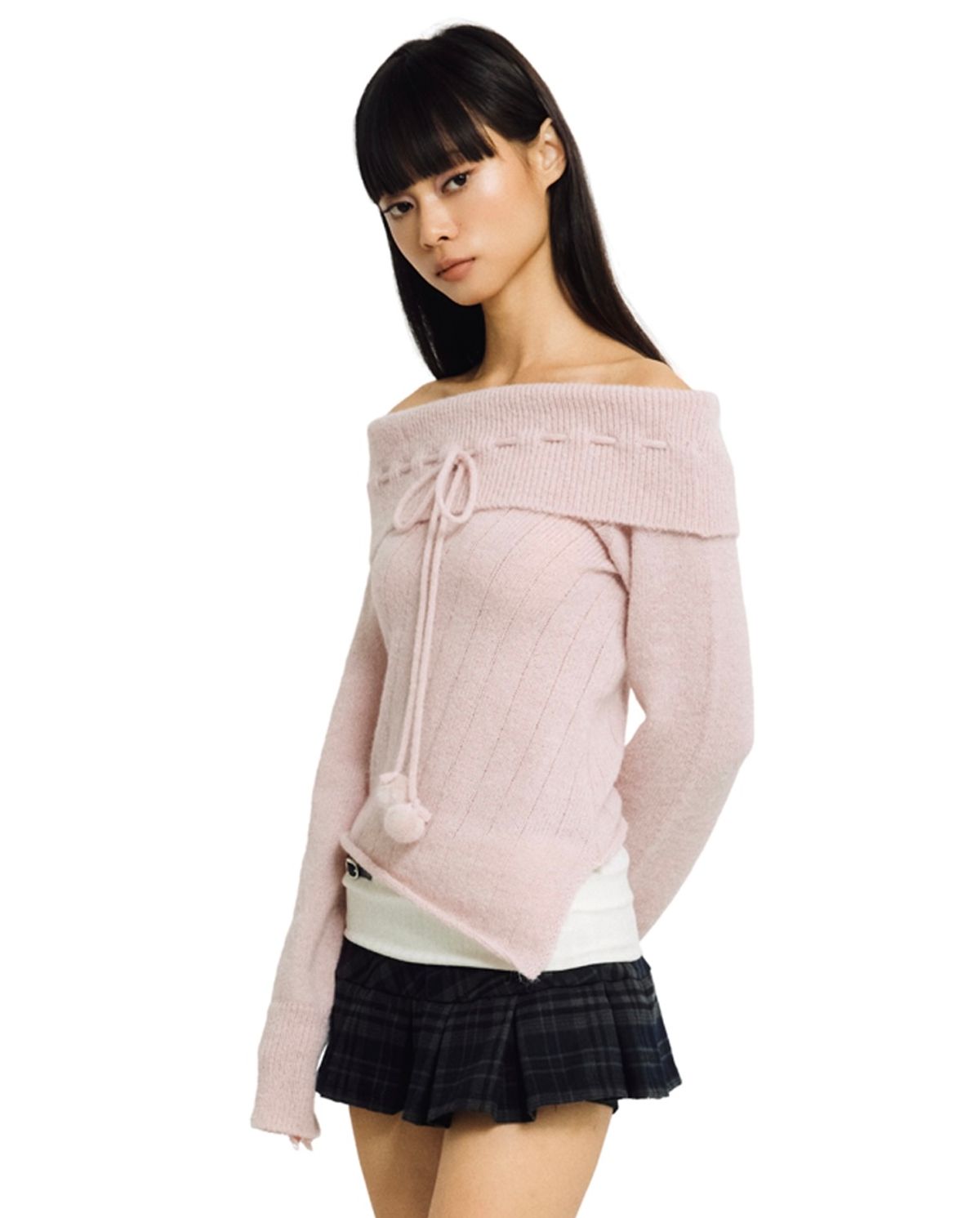 포어링(FORUSRING) Cotton candy off-shoulder knit (pink)