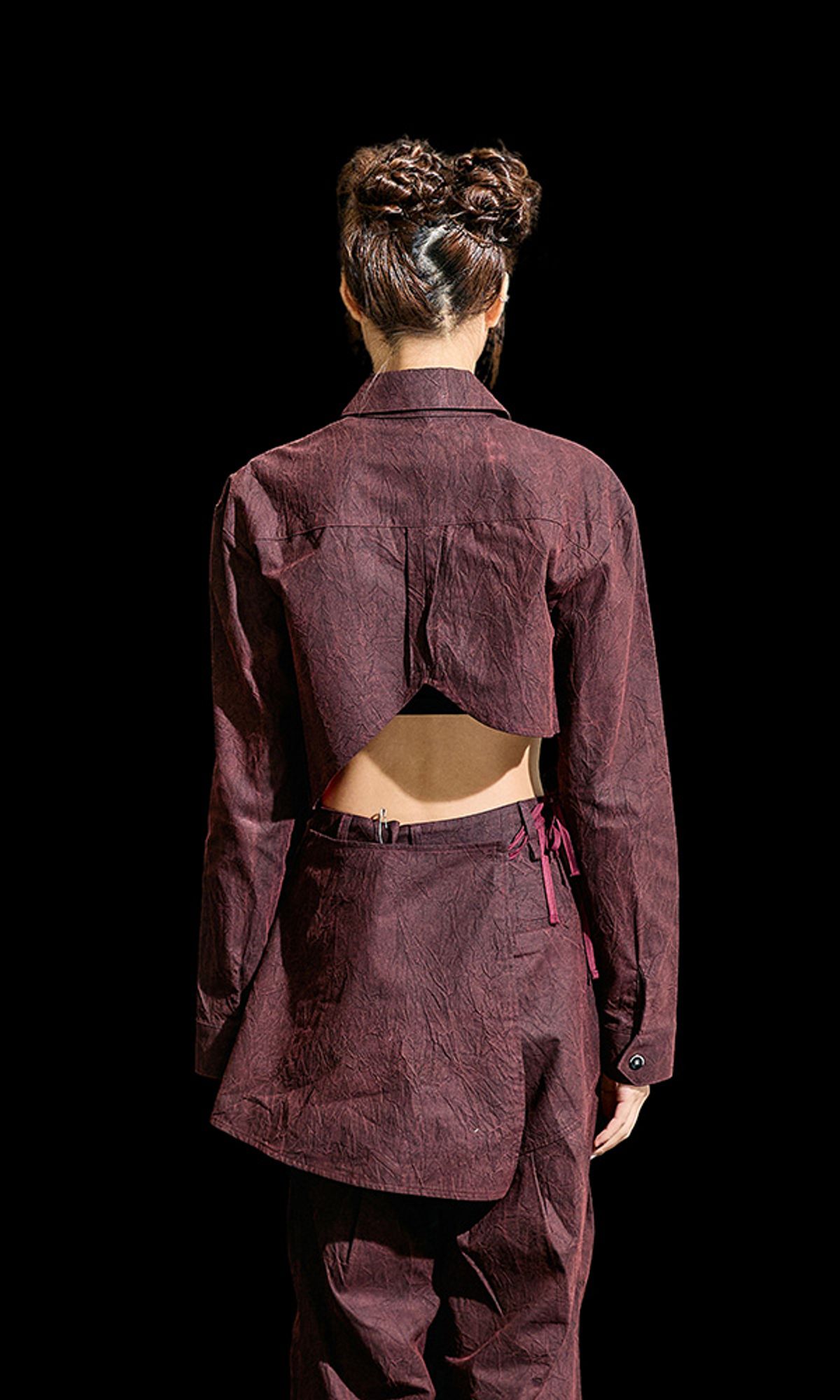 레큘리(RECULER) Wrinkle R-crop shirts Burgundy