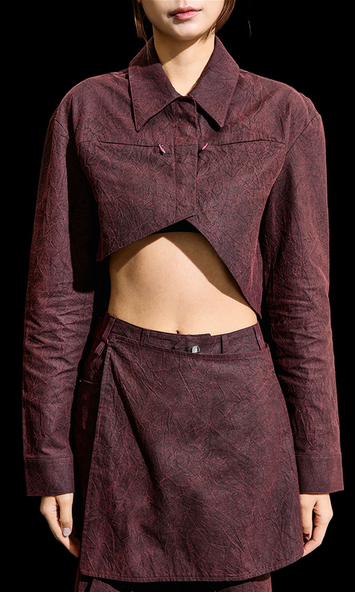 레큘리(RECULER) Wrinkle R-crop shirts Burgundy