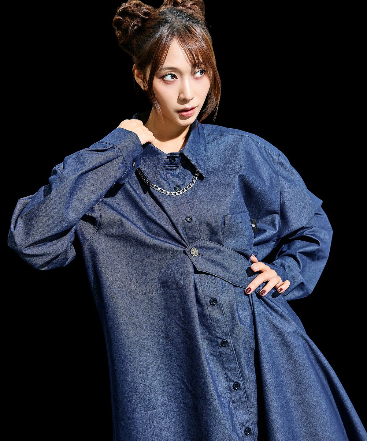 레큘리(RECULER) Draping Basic long Shirts  Like denim  Deep Blue