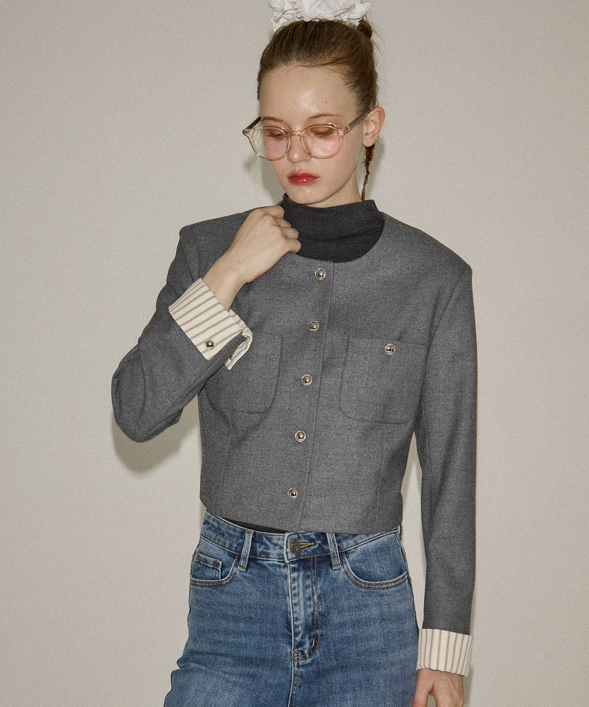 살롱 드 욘(SALON DE YOHN) Cuffs Crop Jacket_ Gray