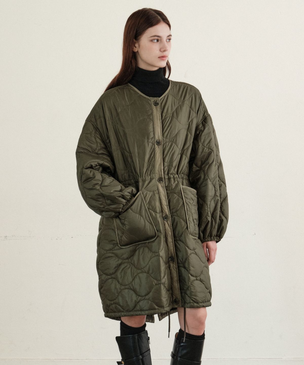 힐리먼트(HELEMENT) 여성 벨루치 퀼팅 코트 (KHAKI)