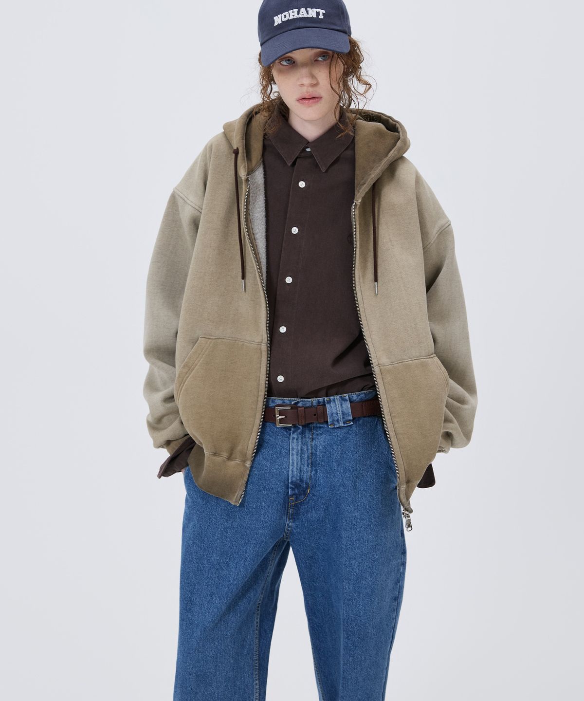 노앙(NOHANT) MINIMAL WASHED HOODIE ZIP-UP BROWN