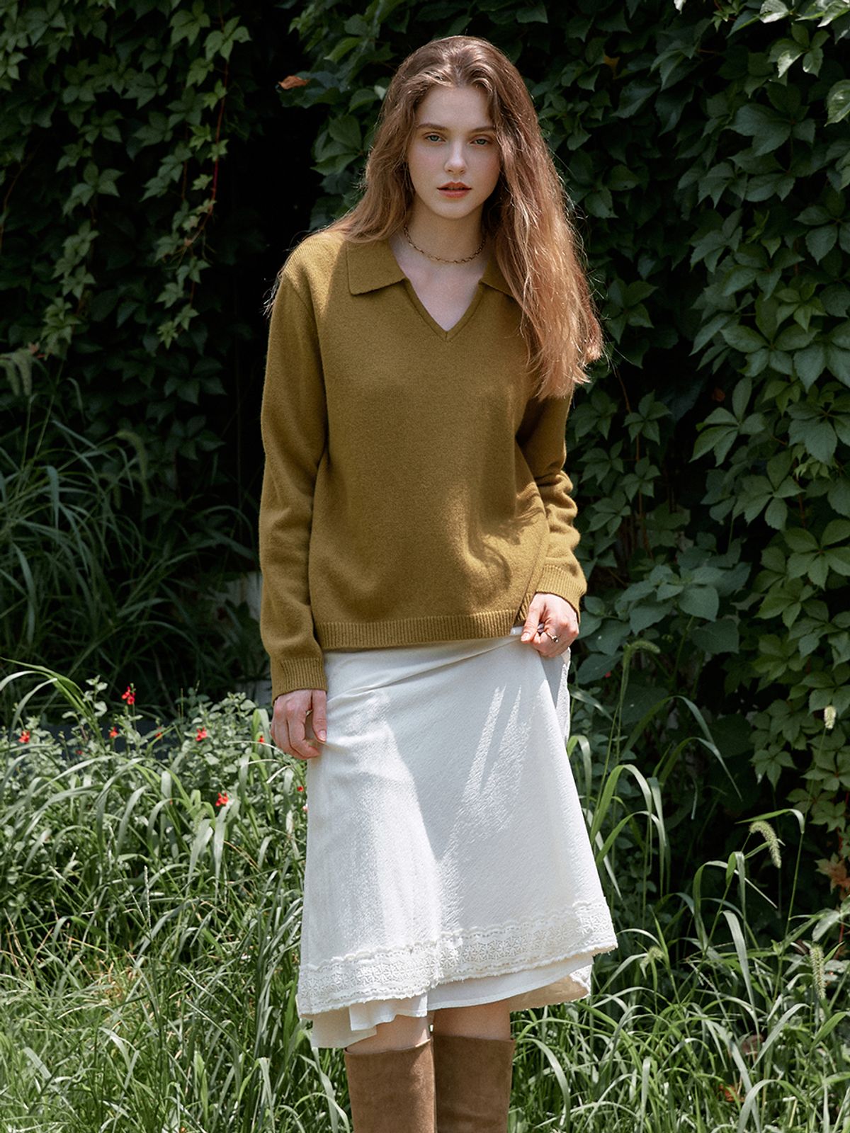 르니나(LENINA) SERIN v-neck collar wool knit_OLIVE