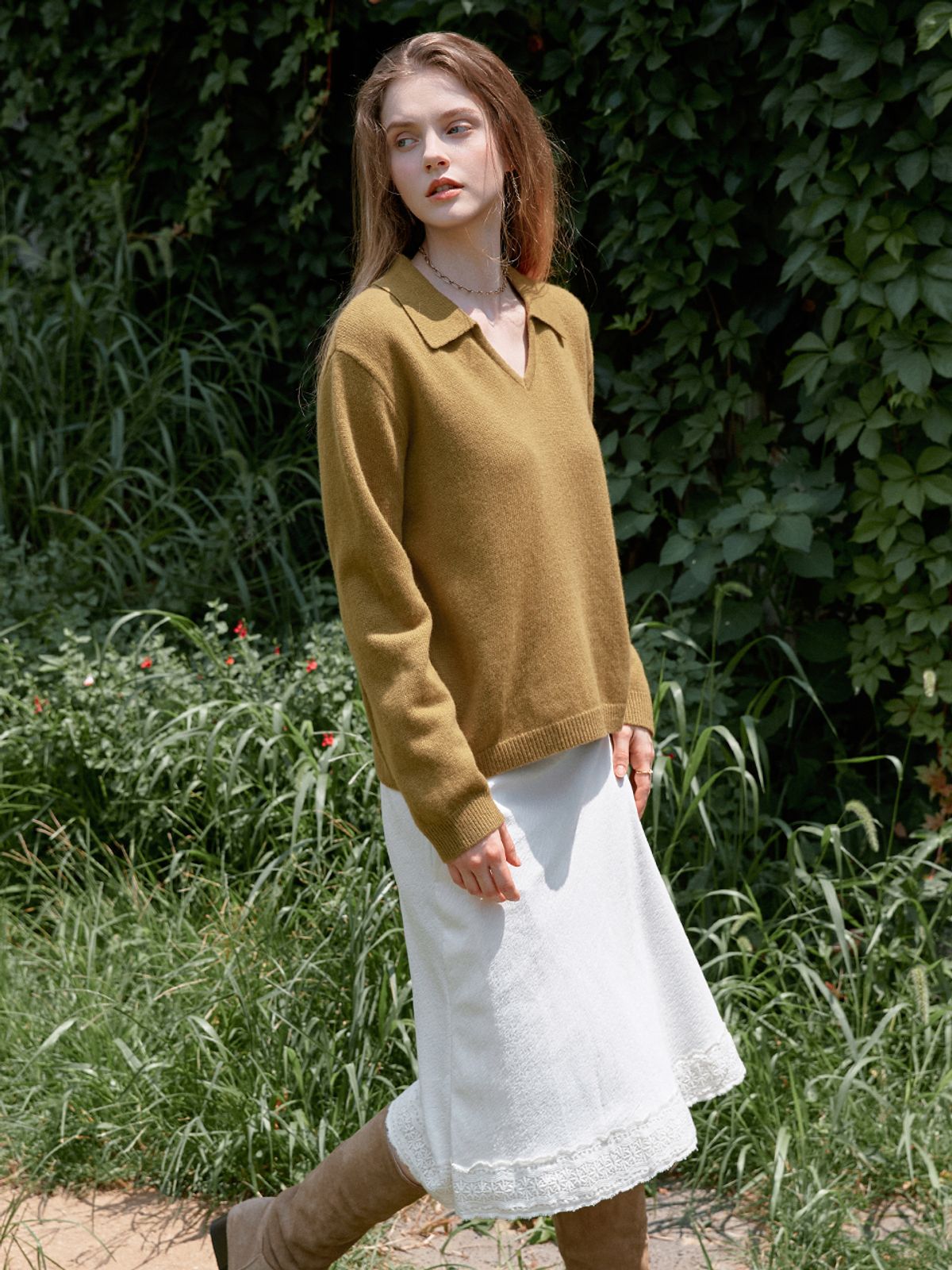 르니나(LENINA) SERIN v-neck collar wool knit_OLIVE