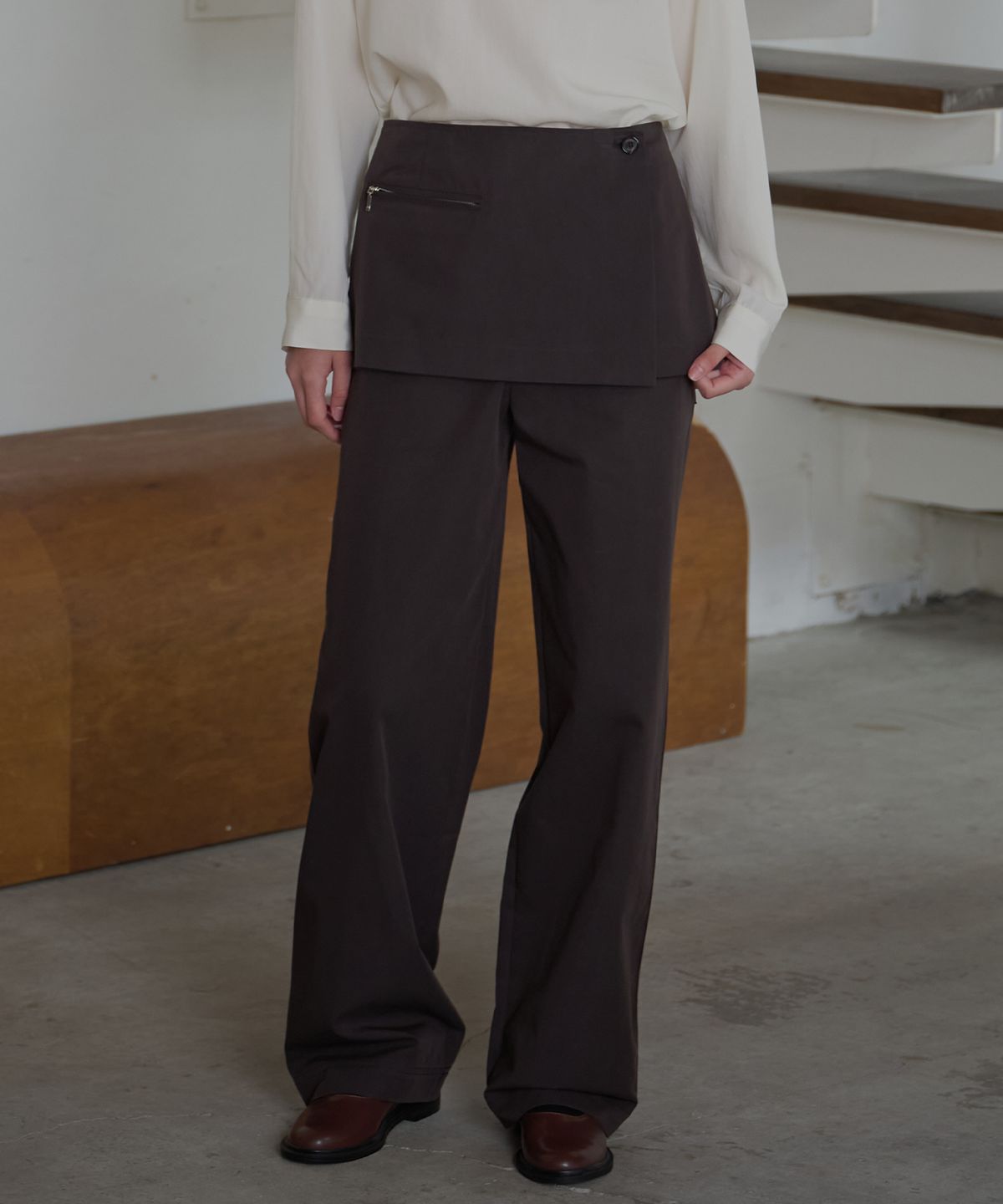 벗튼(BUT'TON) Wrap Layered Skirt (Charcoal Brown)