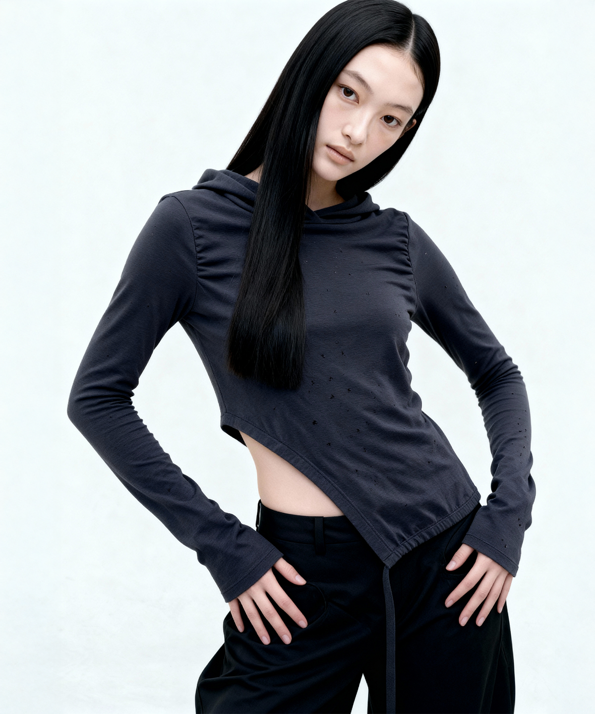 백시(BEKSI) PUNCHING SHIRRING HOODIE, CHARCOAL