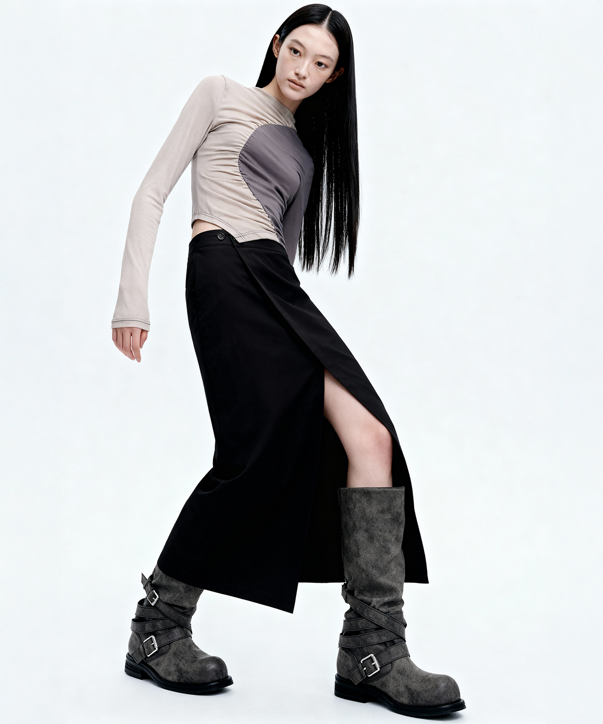 백시(BEKSI) CURVED SHIRRING TOP, PURPLE GRAY
