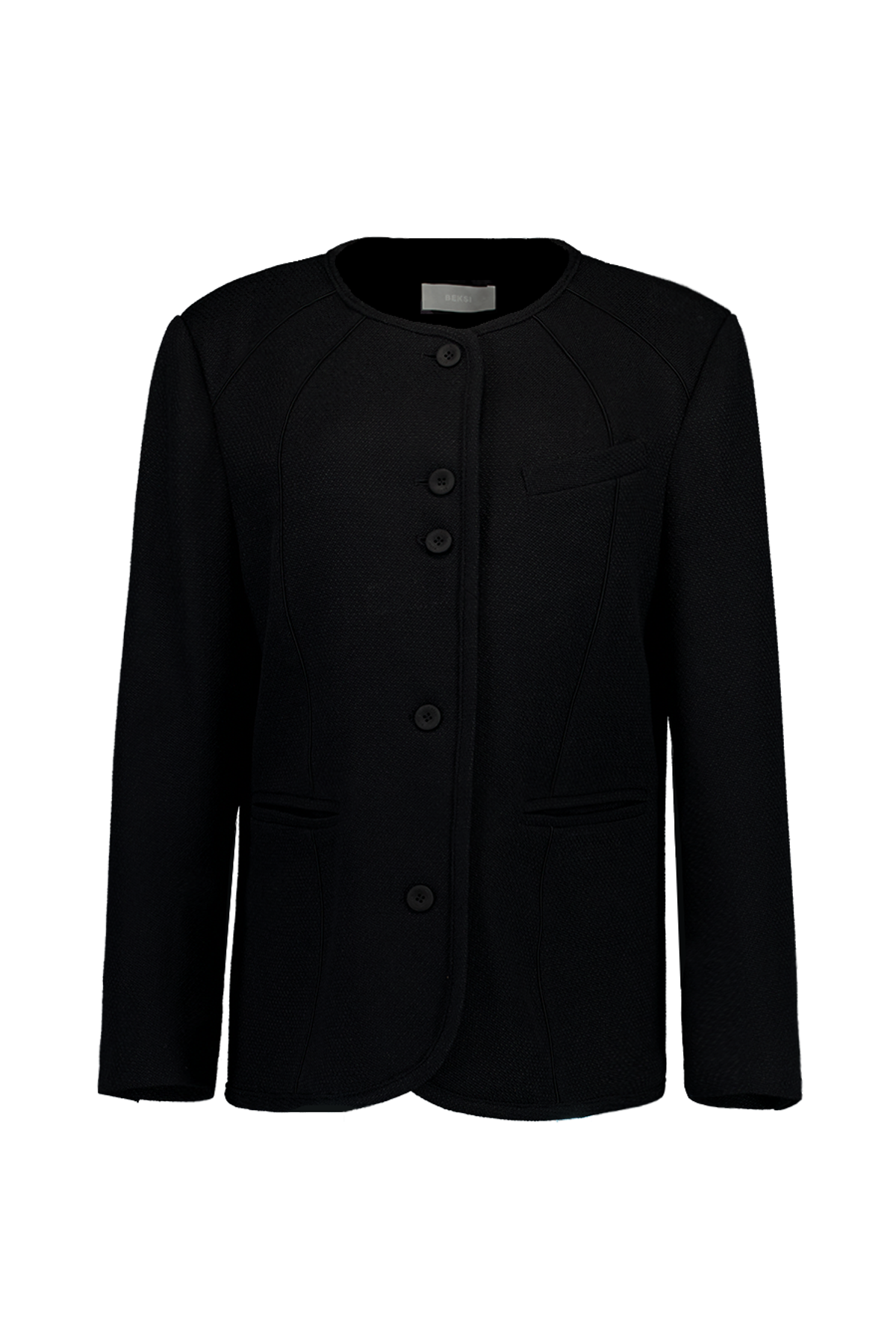 백시(BEKSI) COLLARLESS OVERFIT TWEED JACKET, BLACK
