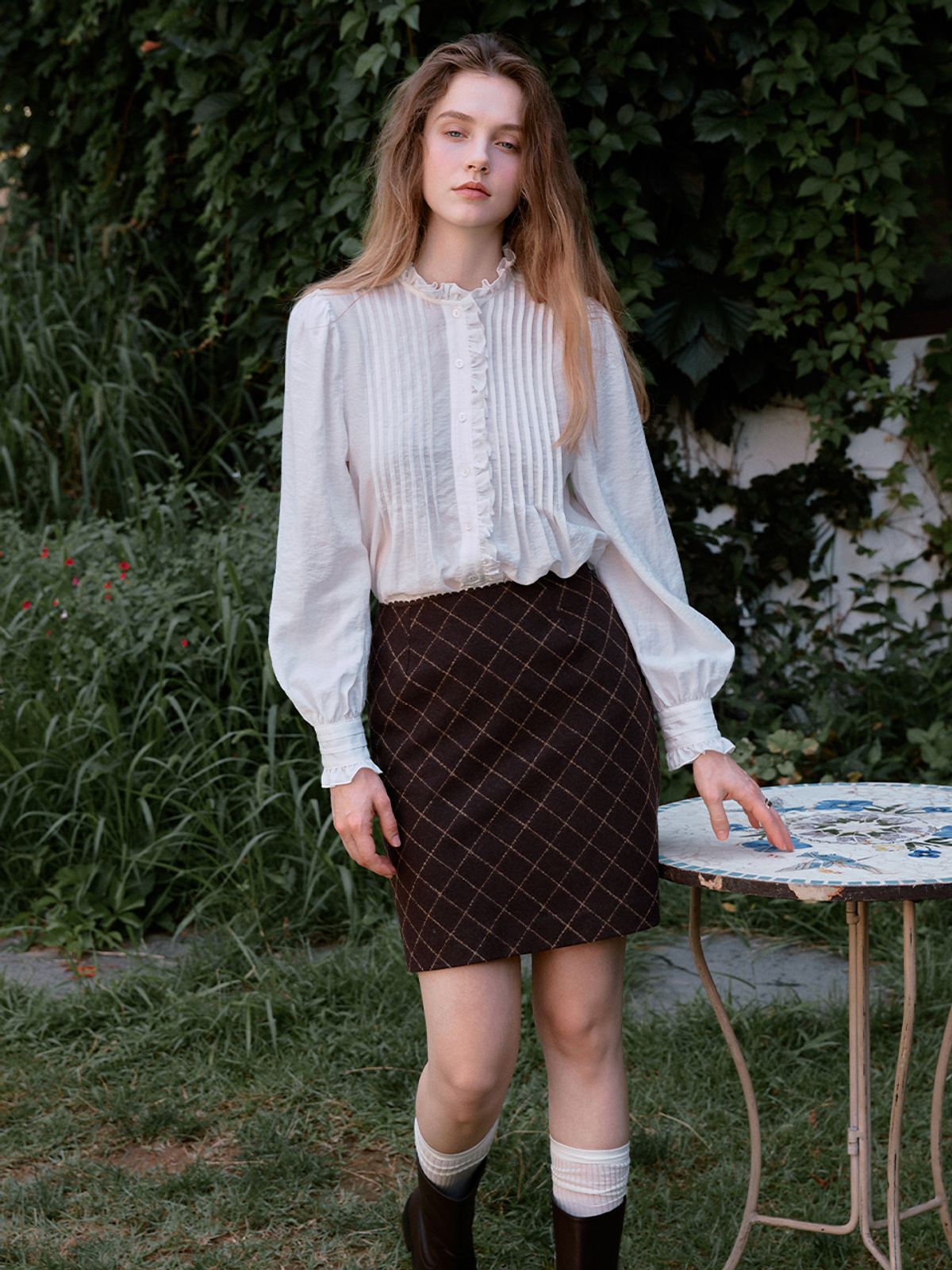 르니나(LENINA) ROSA check lace mini skirt_BROWN