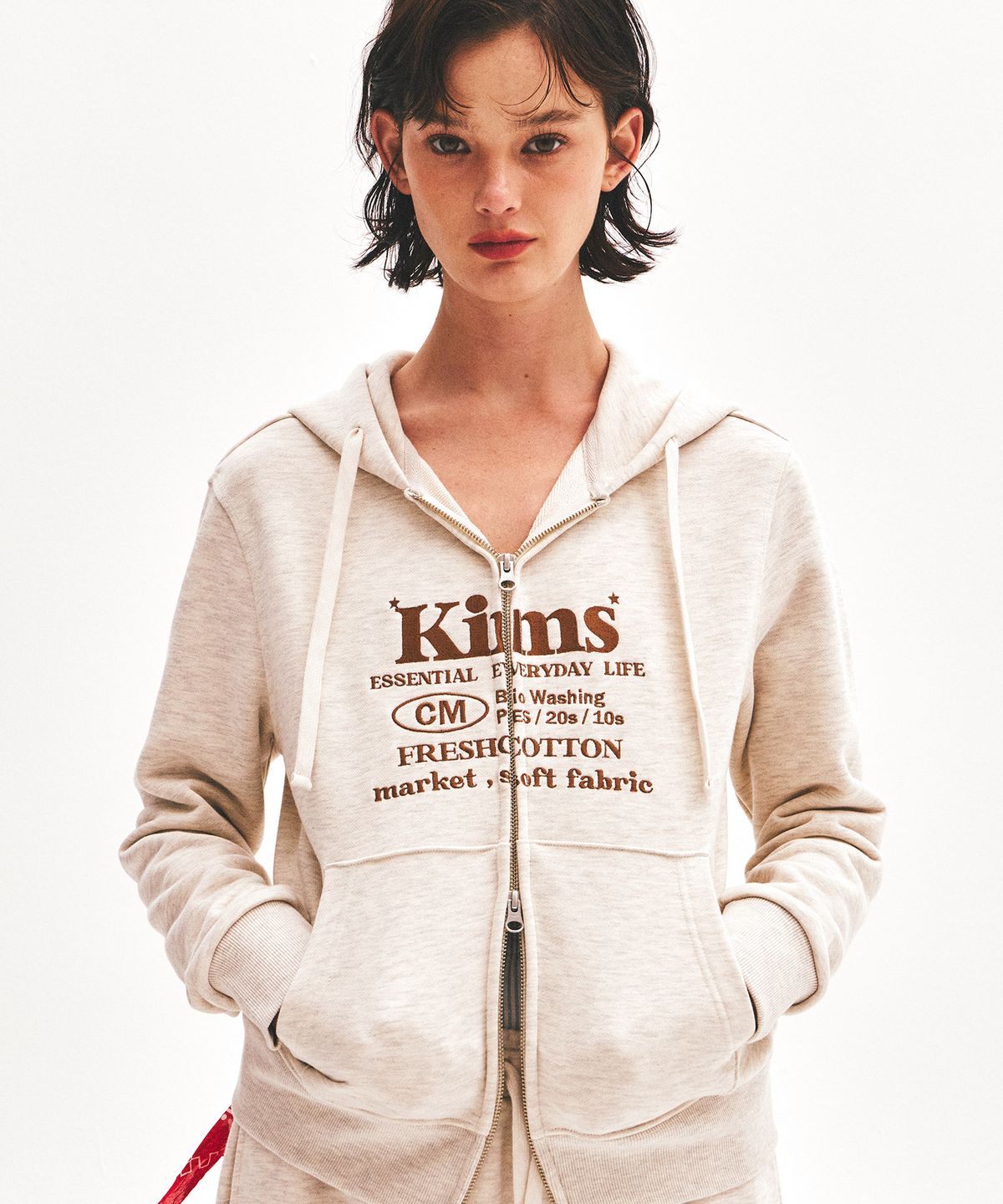 킴스 프레시 코튼 마켓(KIMS FRESH COTTON MARKET) (Unisex) Everyday Bam Logo Zip Hoodie Oatmeal