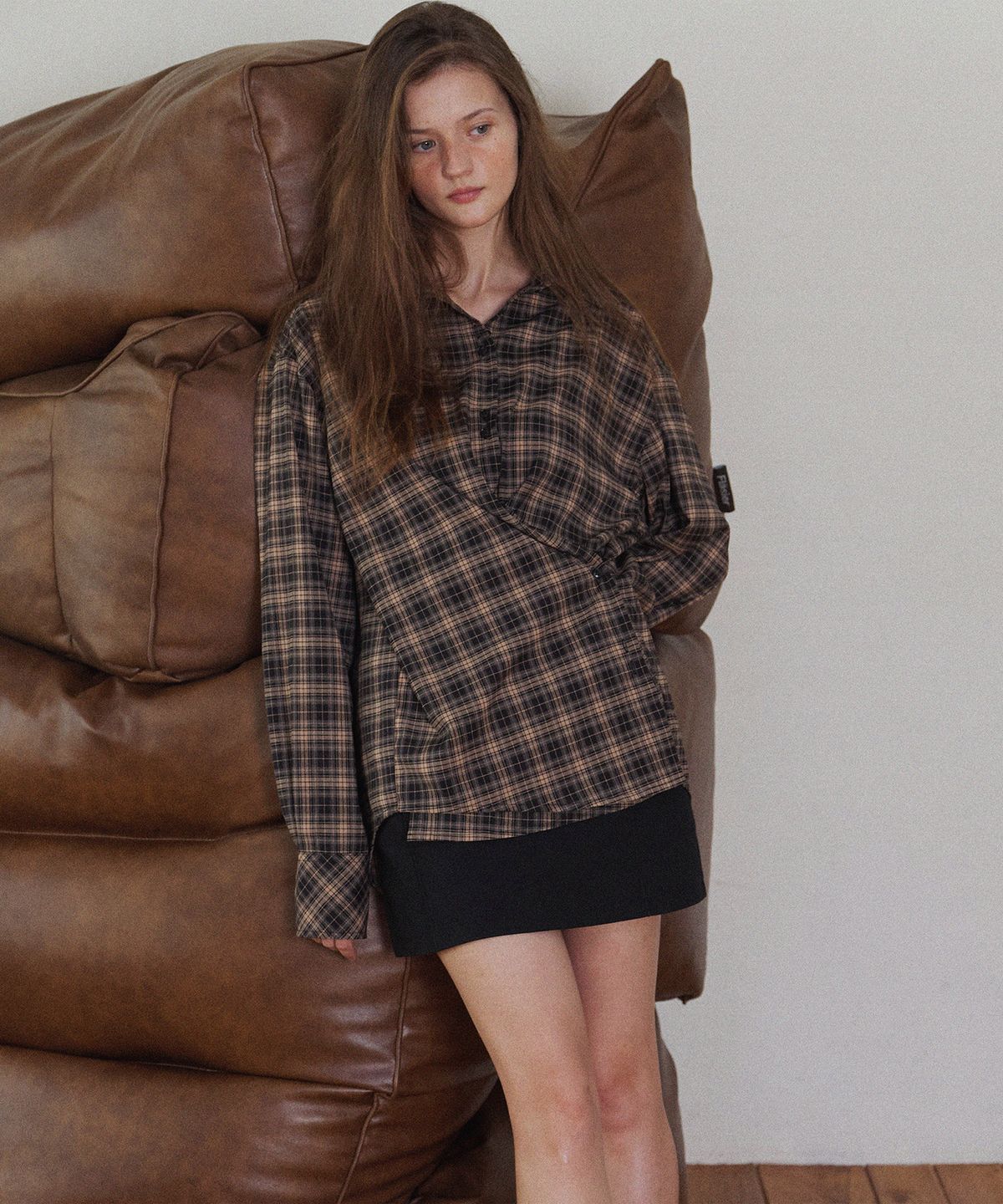 하우스 오브 폰드(HOUSE OF POND) Plaid Check Cross Button Shirt_Brown