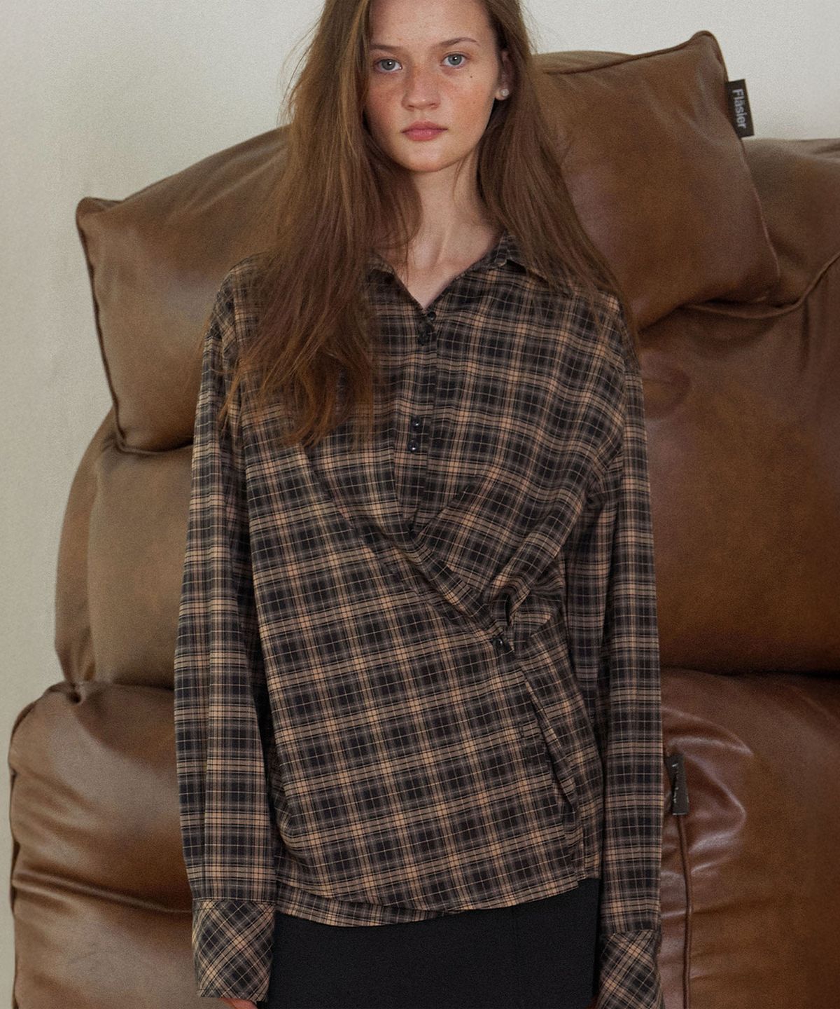 하우스 오브 폰드(HOUSE OF POND) Plaid Check Cross Button Shirt_Brown
