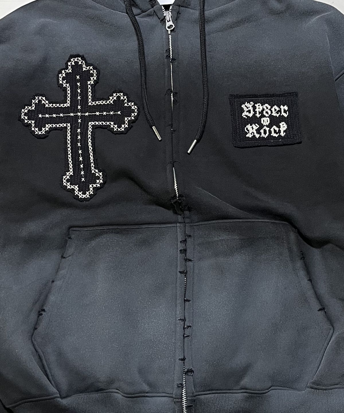 스케이터락(SK8ER ROCK) Cross-Stitch Grunge Hood Zip-Up ((black))