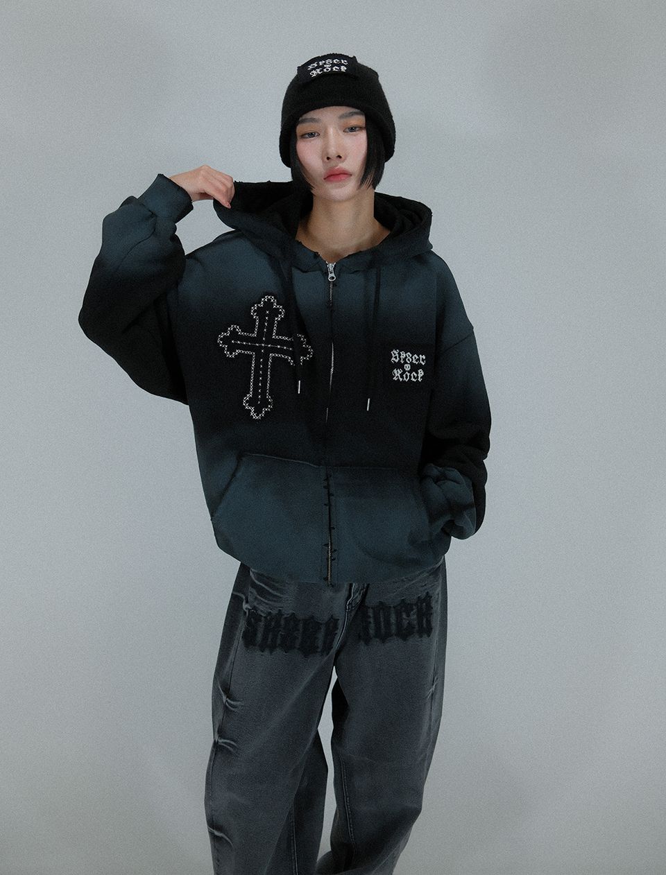 MUSINSA公式 | SK8ER ROCK Cross-Stitch Grunge Hood Zip-Up ((black))