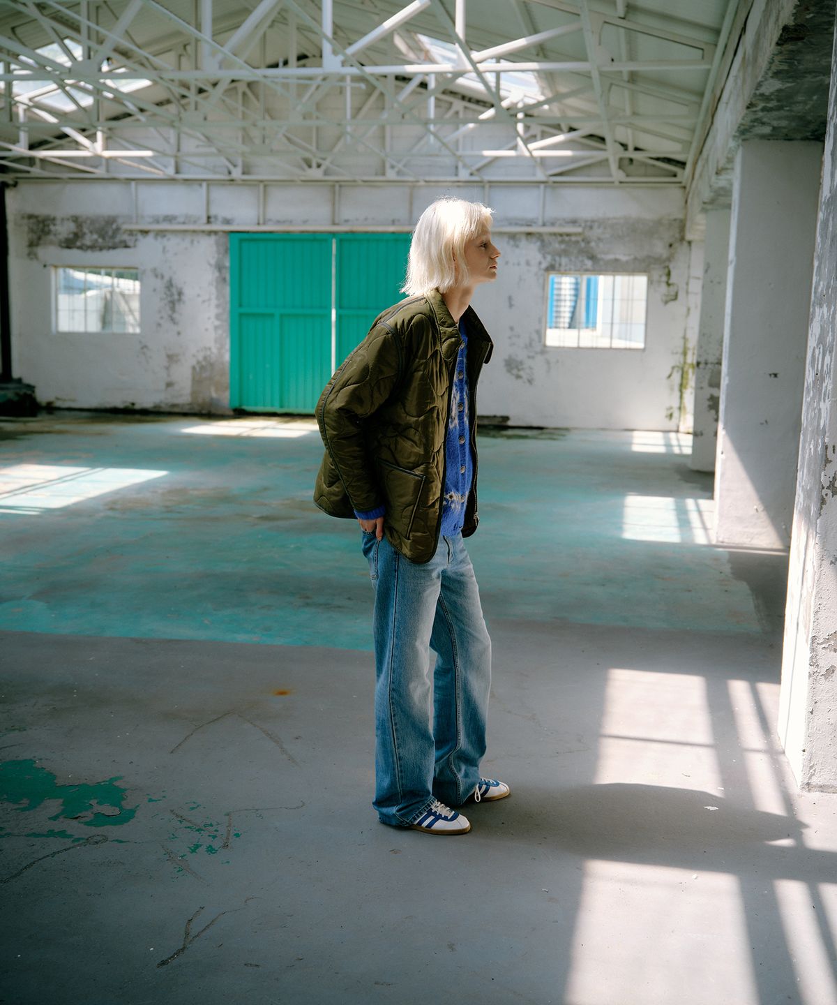 그린버터(GREENBUTTER) Double Layer Quilted Cardigan (Khaki/Blue)