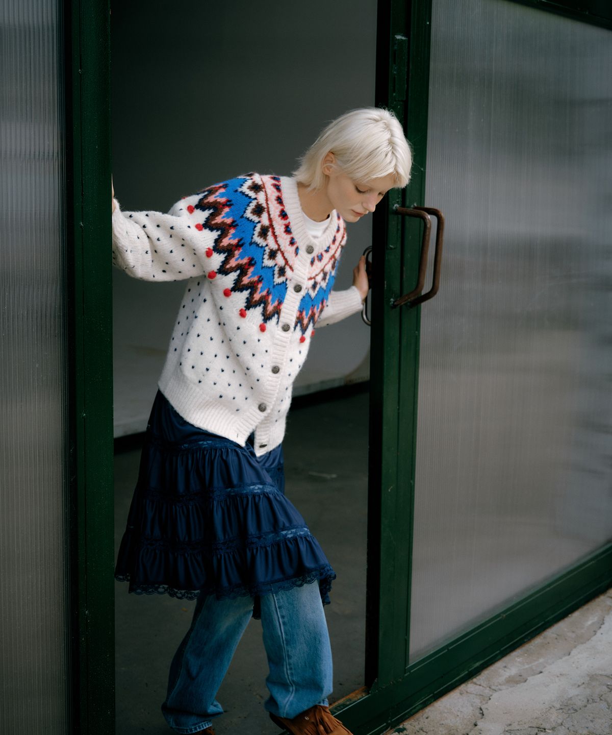 그린버터(GREENBUTTER) Bobble Stitch Nordic Cardigan (Ivory)