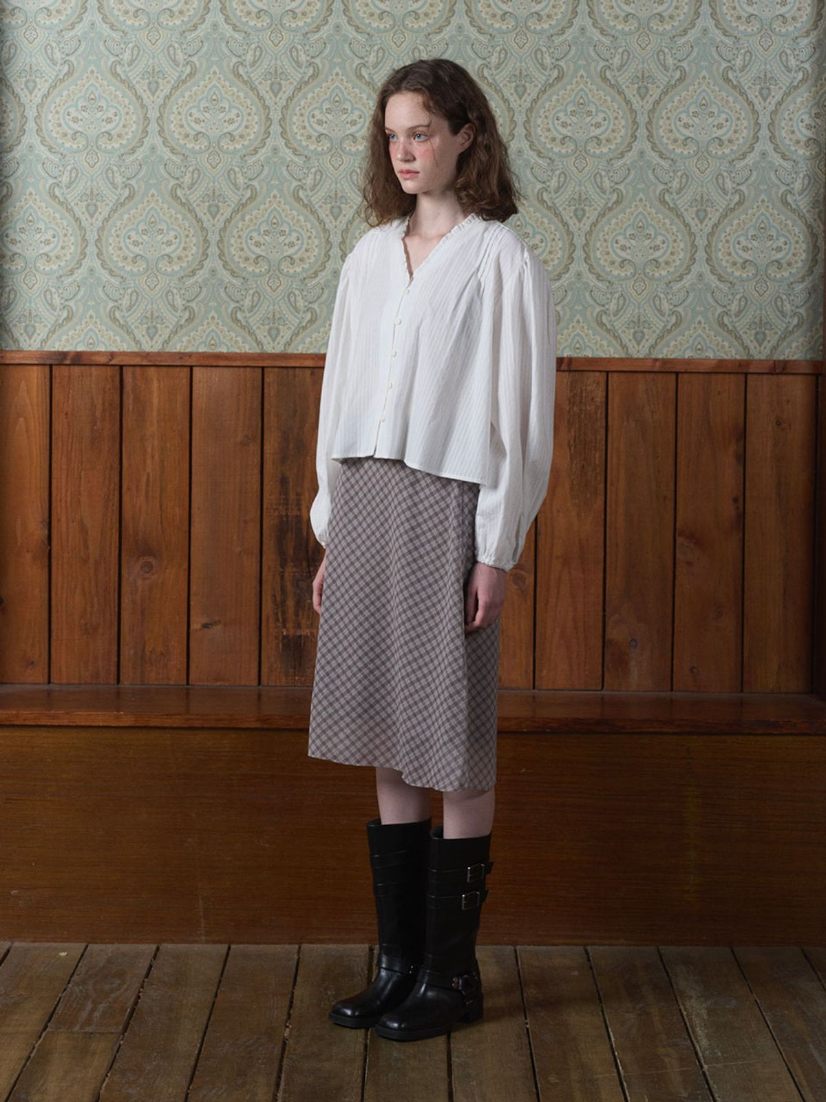 보르사(BORSA) 룬 체크 스커트_베이지