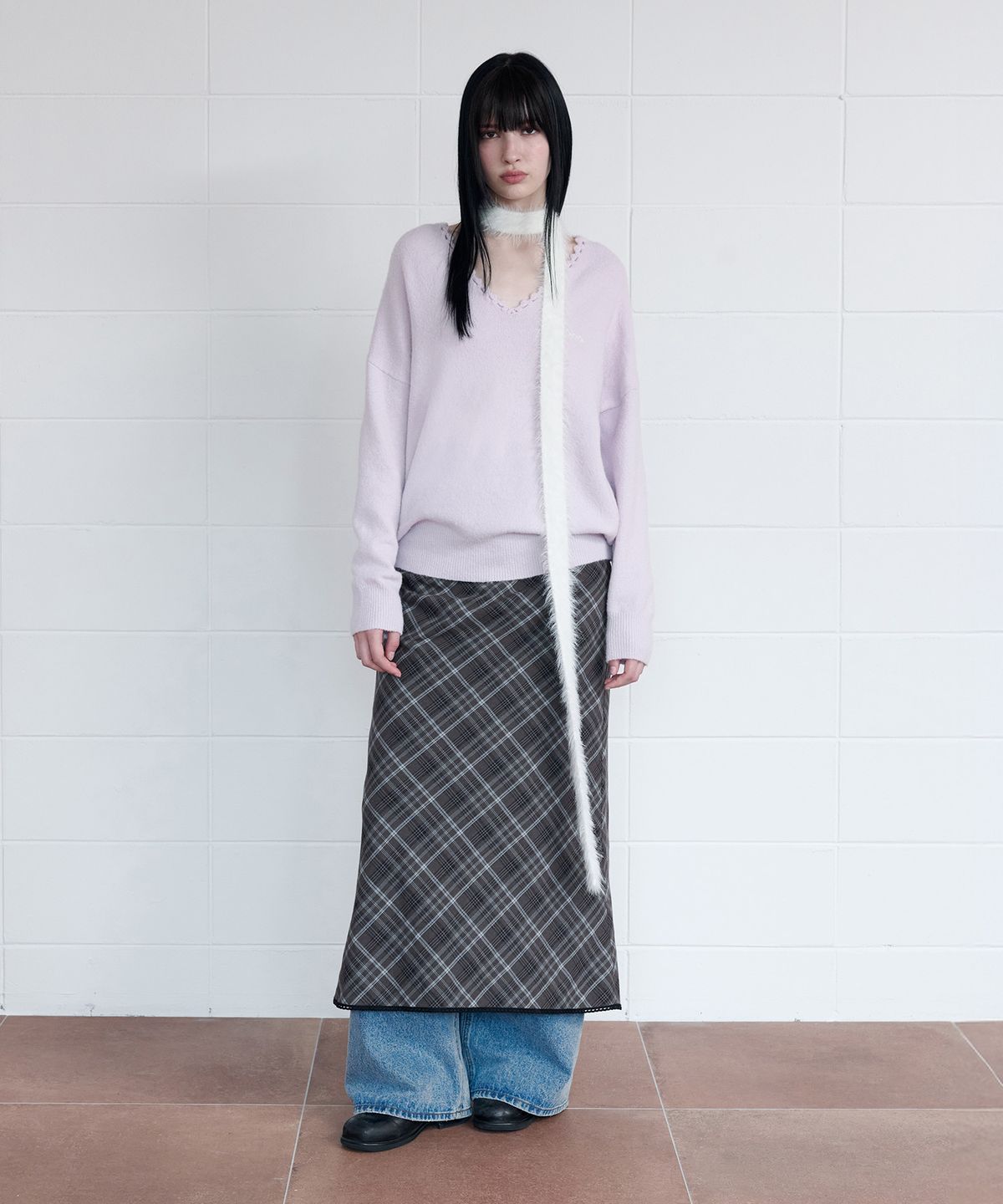 로라로라(ROLAROLA) CHECK SLIM LONG SKIRT BROWN