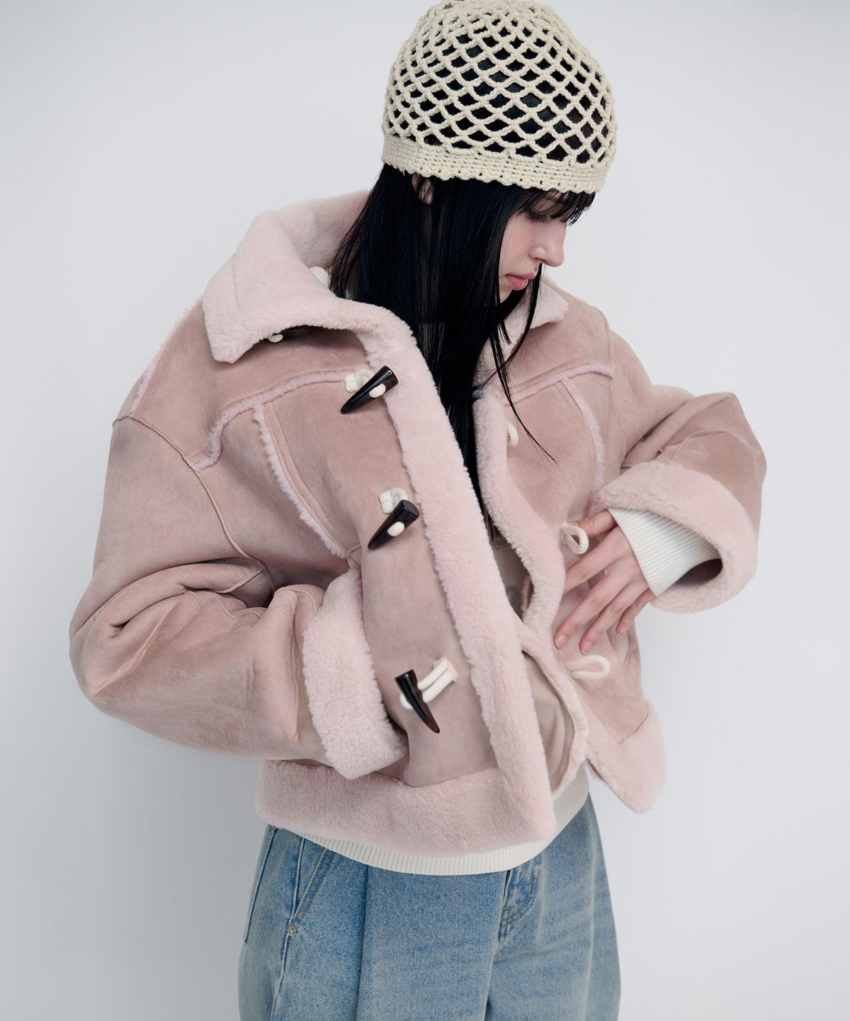 로라로라(ROLAROLA) HIGH NECK SUEDE MUSTANG JACKET PINK