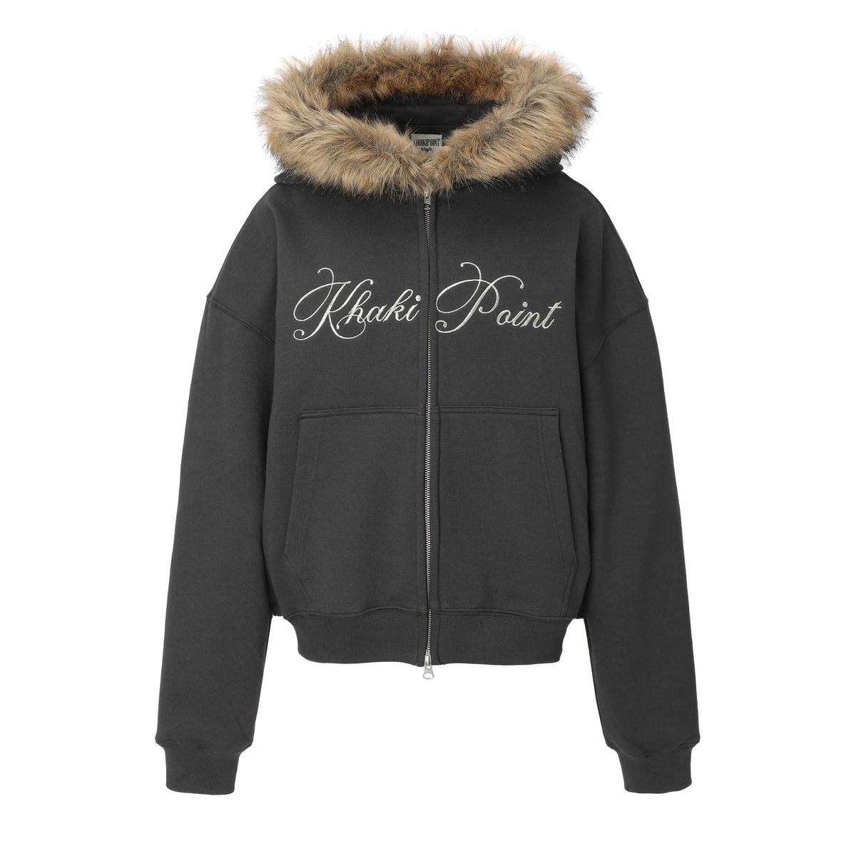 카키포인트(KHAKIPOINT) Lettering Fur Hood Zip-up (charcoal)