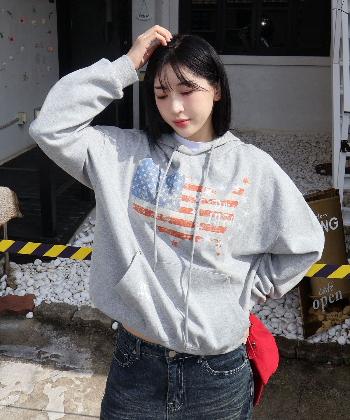 다미쉬(DAMISH) 아메리카 플래그 빈티지 스터드 후드_그레이