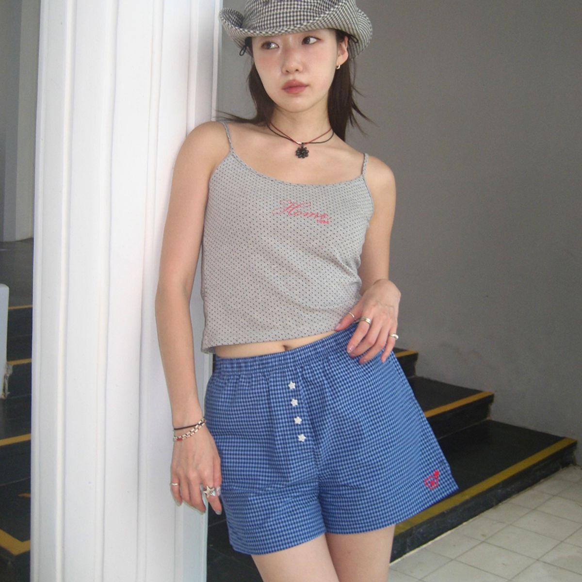 홈바디띵즈(HOMEBODY THINGS) HBT Check Star Shorts (NAVY)