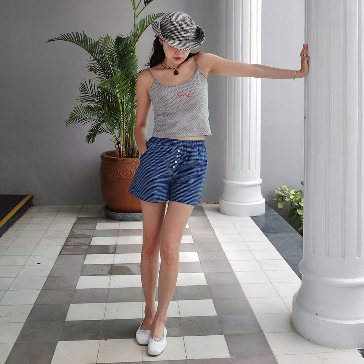 홈바디띵즈(HOMEBODY THINGS) HBT Check Star Shorts (NAVY)