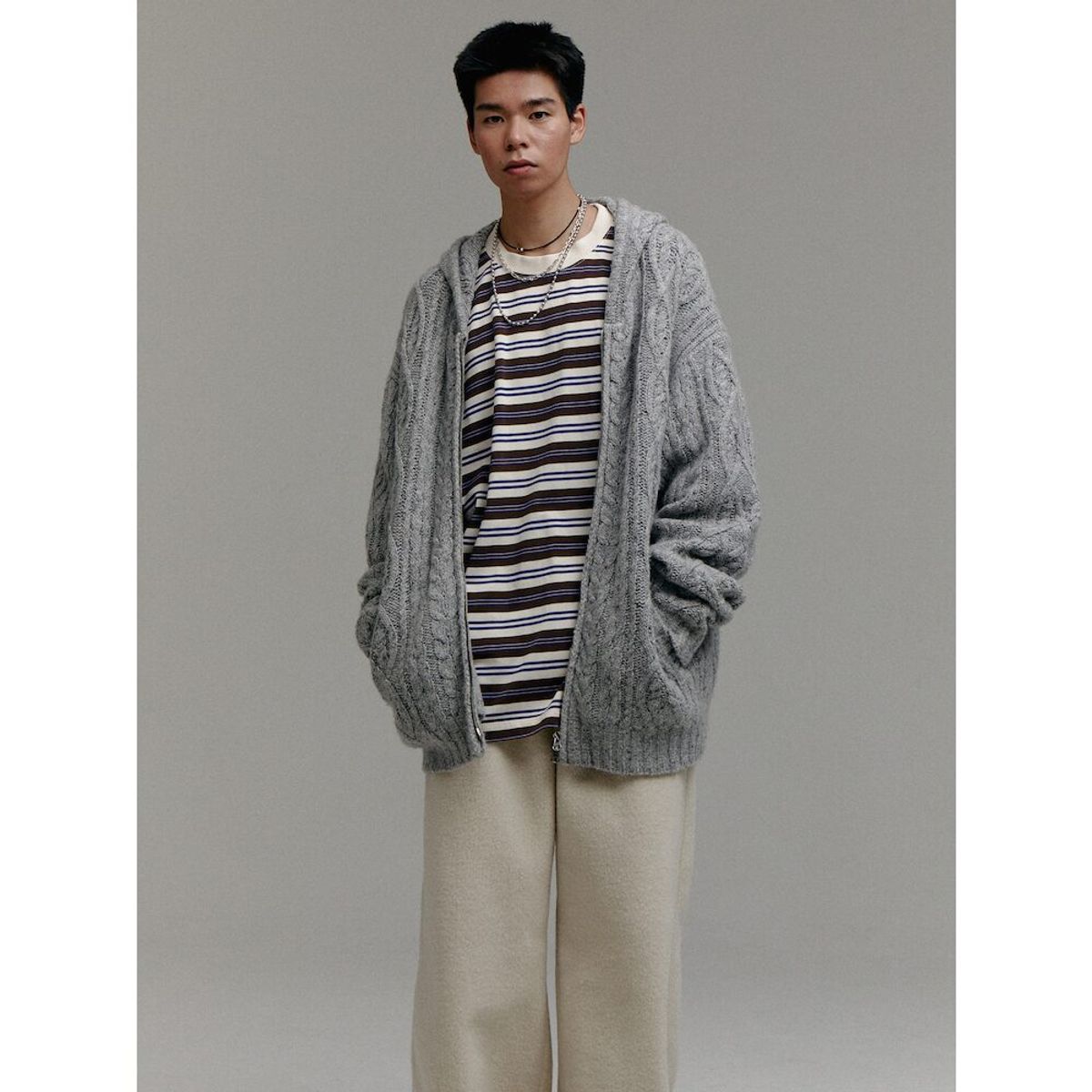 샌드 사운드(SAND SOUND) (UNISEX) 울 블렌드 케이블 니트 집업 후드  그레이