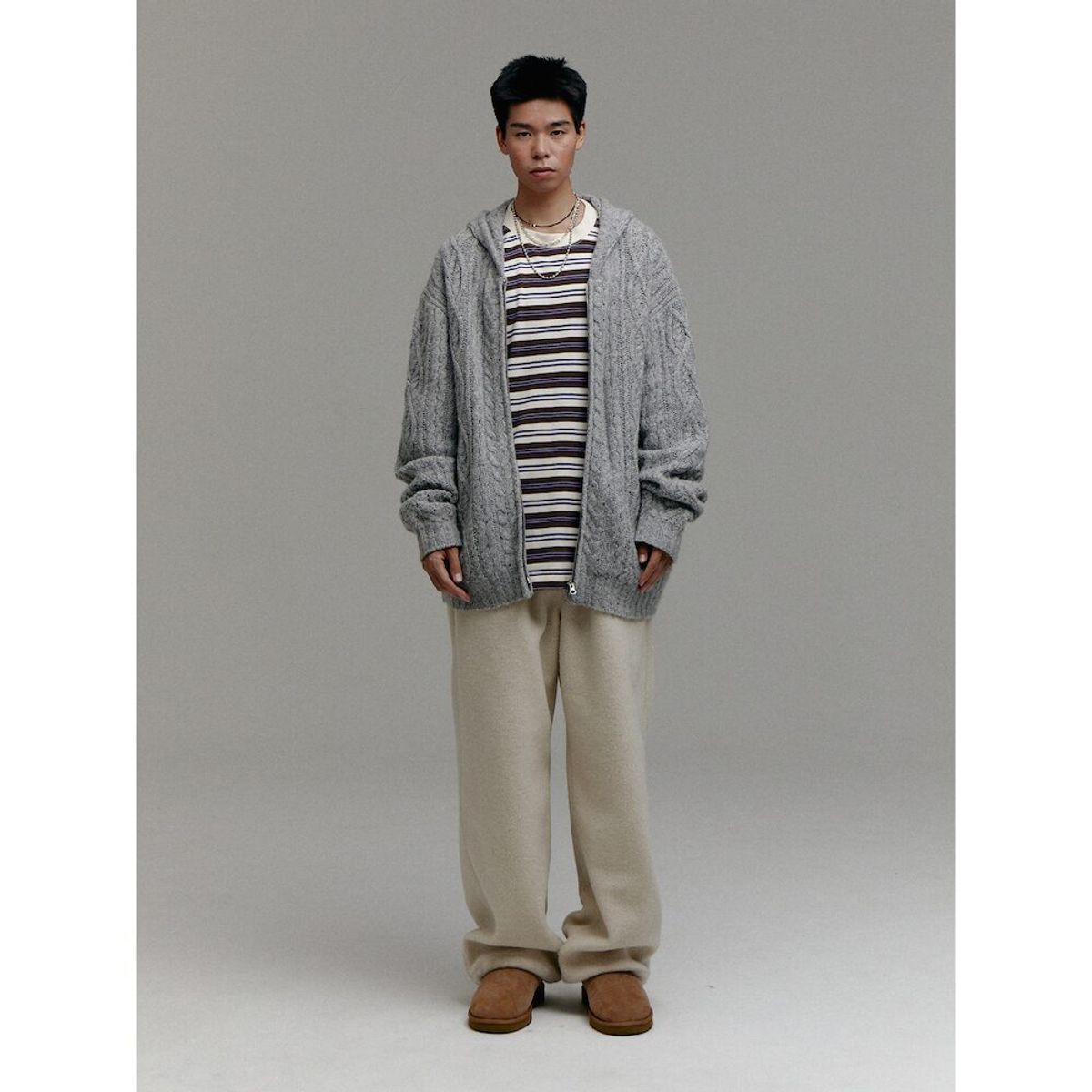 샌드 사운드(SAND SOUND) (UNISEX) 울 블렌드 케이블 니트 집업 후드  그레이
