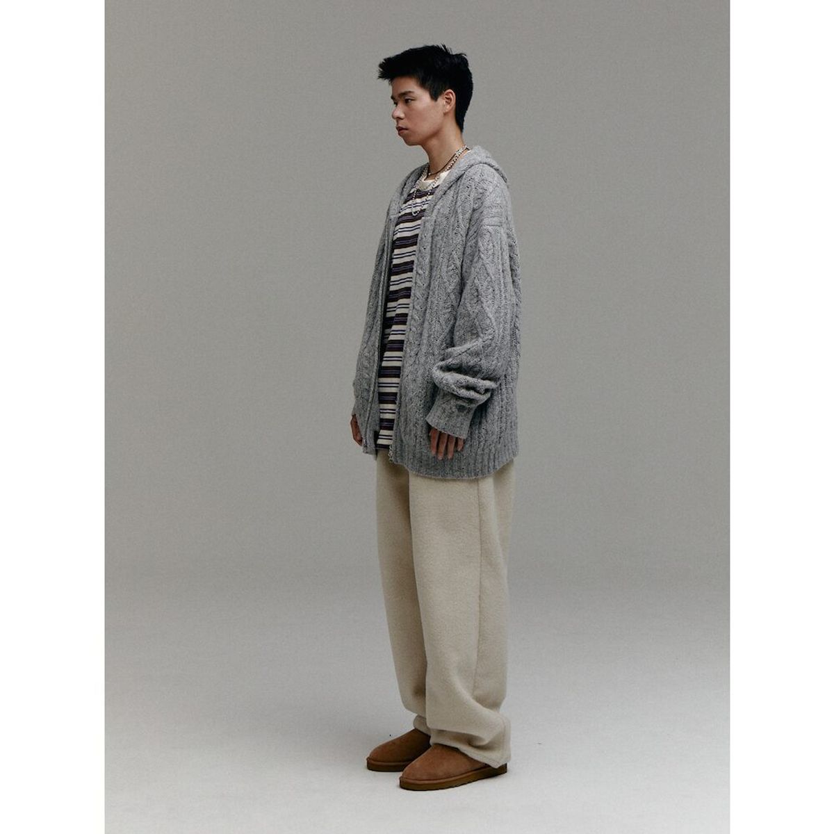 샌드 사운드(SAND SOUND) (UNISEX) 울 블렌드 케이블 니트 집업 후드  그레이